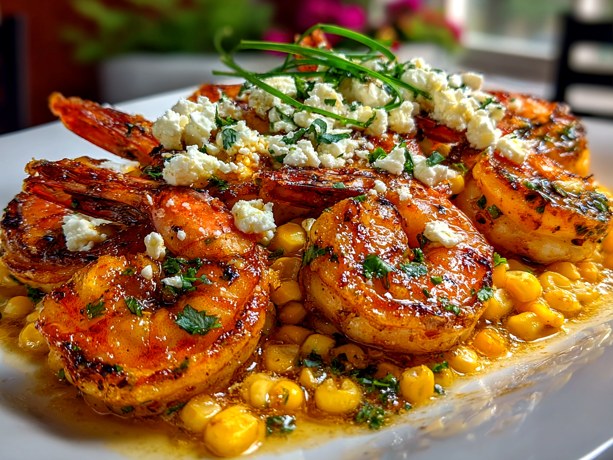 Close-up of freshly prepared Shrimp with Creamed Corn Feta on white plate