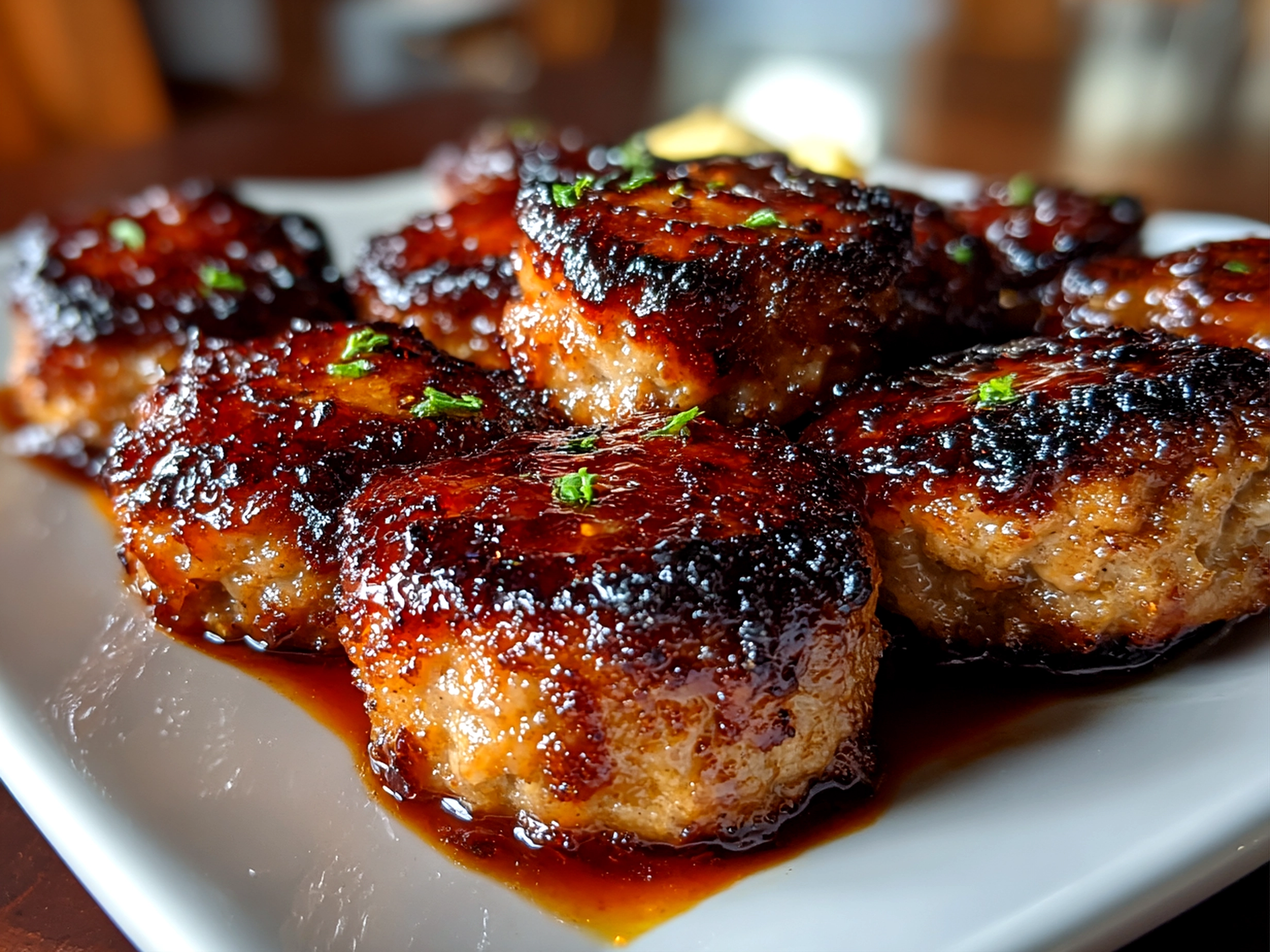 Close-up of homemade BBQ sausage bites on white plate