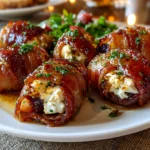 Close-up of homemade Goat Cheese Stuffed Bacon Wrapped Dates on white plate