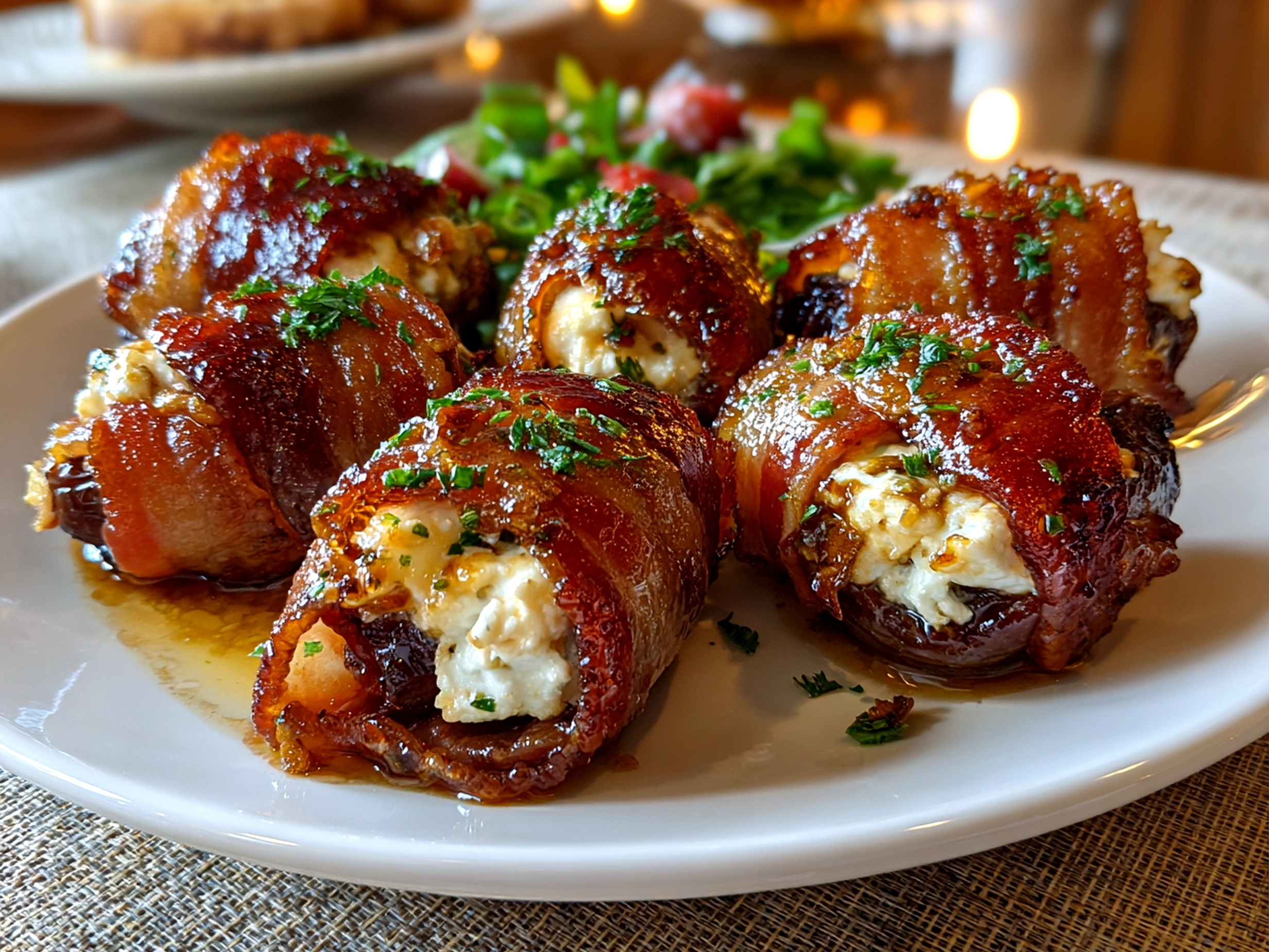 Close-up of homemade Goat Cheese Stuffed Bacon Wrapped Dates on white plate