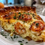 Close-up of homemade Shrimp Cheddar Pie on white plate
