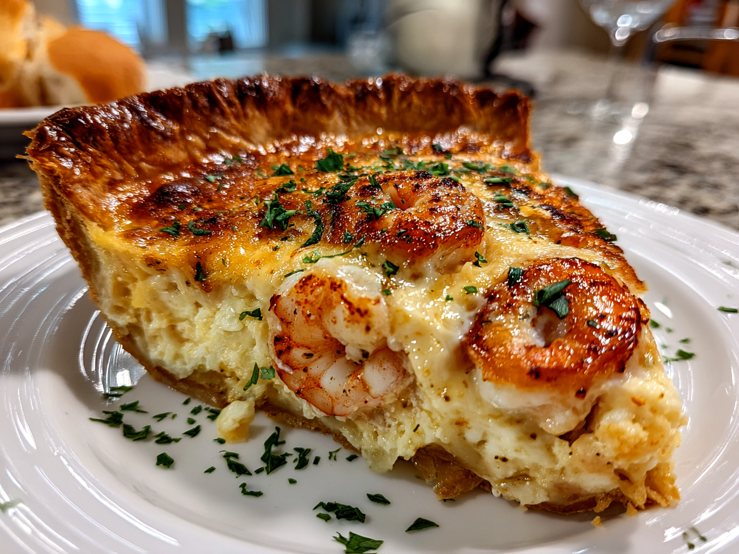 Close-up of homemade Shrimp Cheddar Pie on white plate