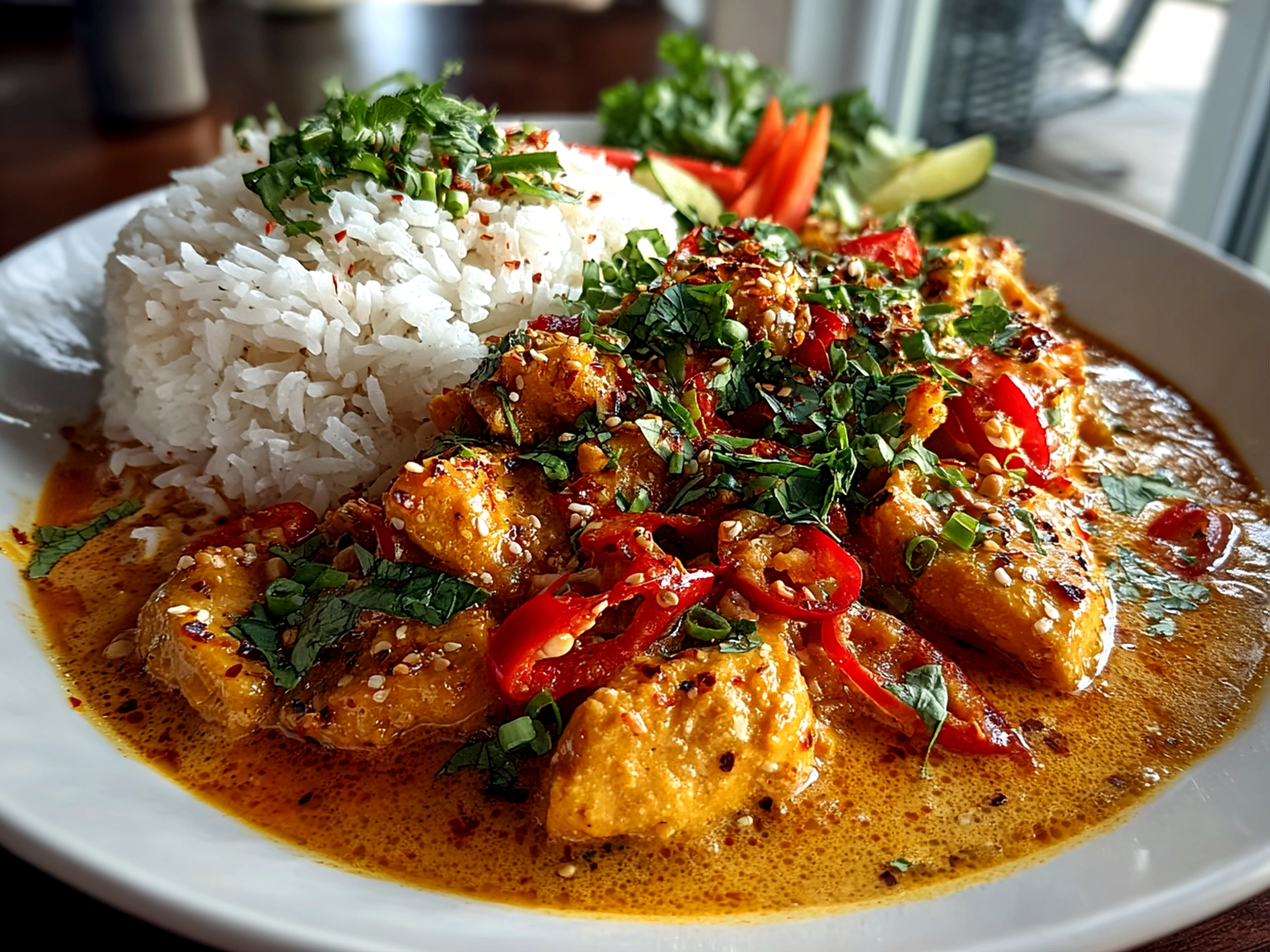 Close-up of Thai Peanut Curry served in a white bowl
