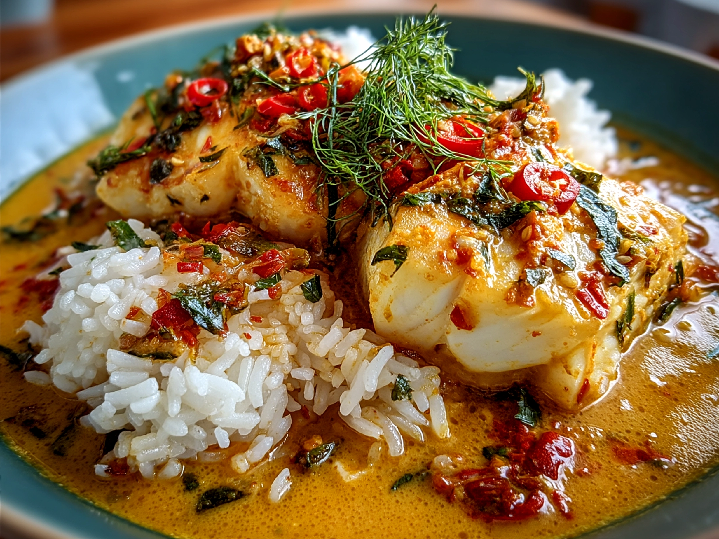 Serving of Coconut Curry Baked Cod garnished with cilantro on a plate