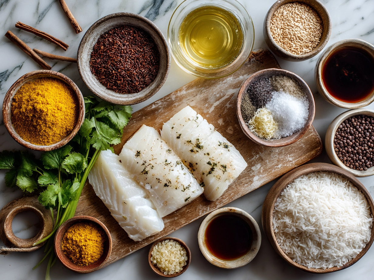 Ingredients for Coconut Curry Baked Cod arranged on a table