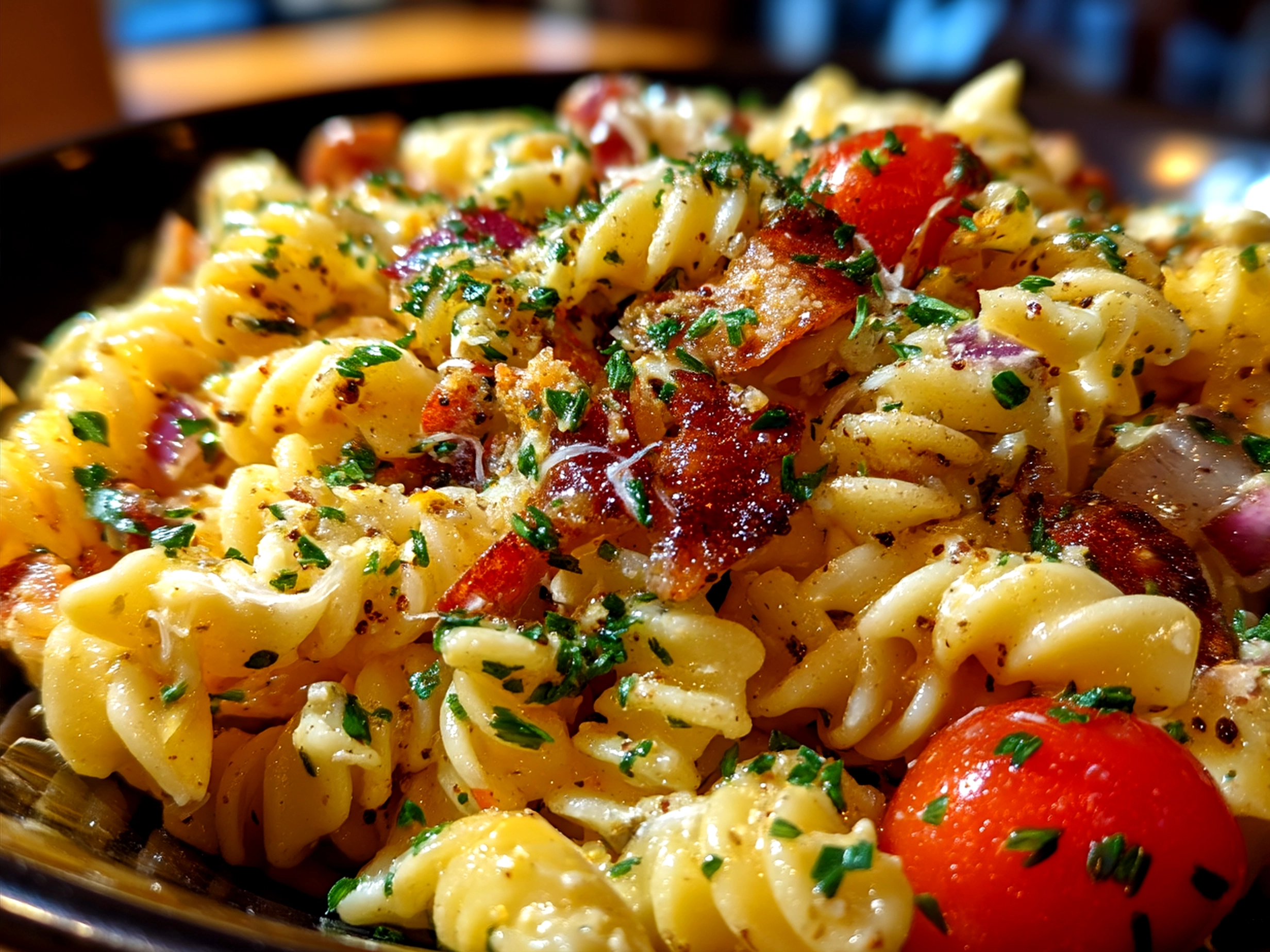 Serving bowl of colorful Cowboy Pasta Salad ready to eat with fresh veggies and cheddar cheese
