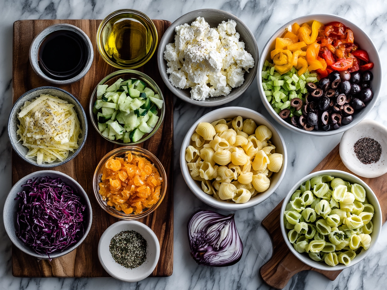 Ingredients laid out for Cowboy Pasta Salad including pasta, beans, corn, cherry tomatoes, onion, cheese, and ranch dressing