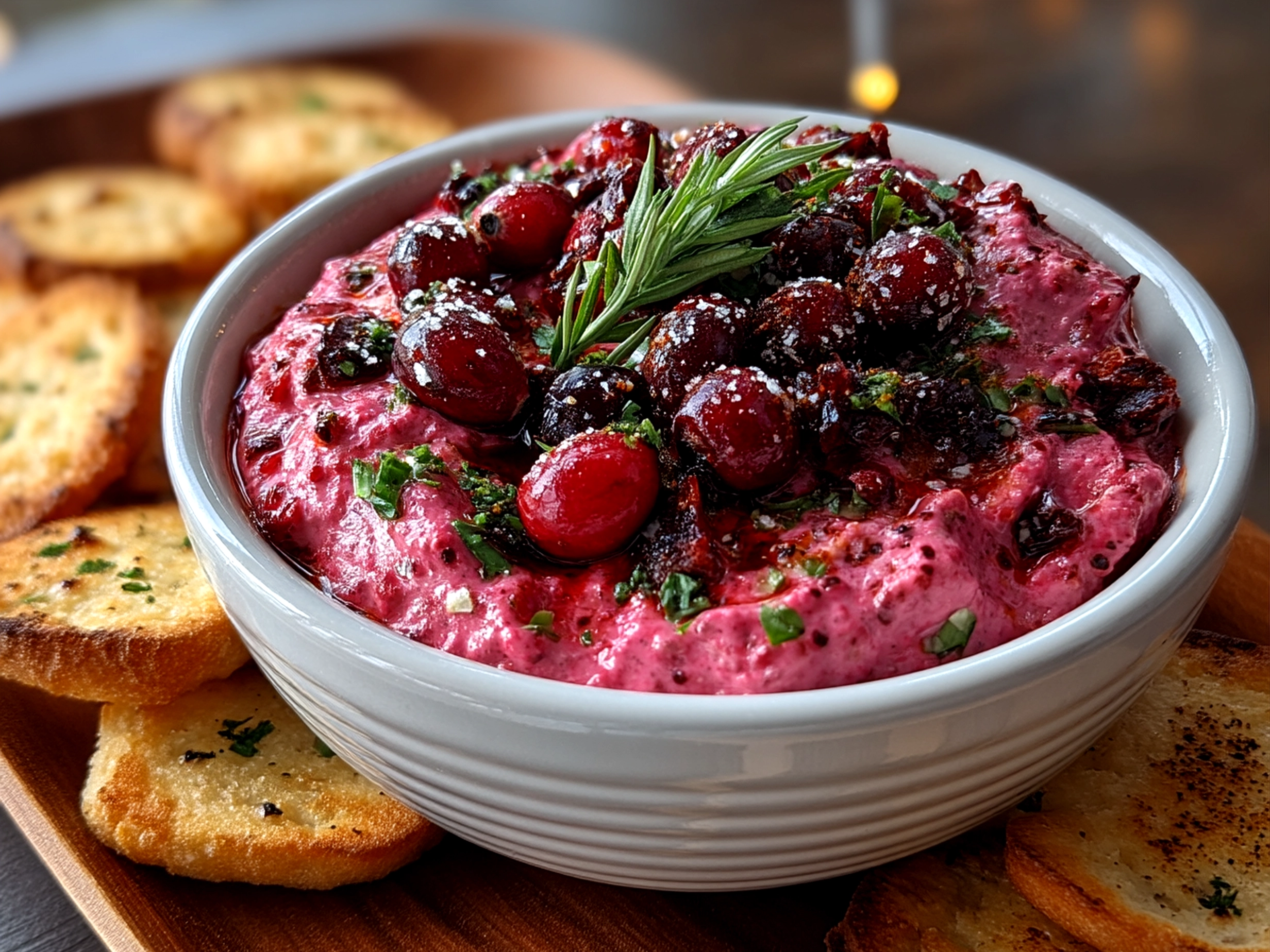 Cranberry Jalapeno Dip served with apple slices, crackers, and baby carrots on a wooden board