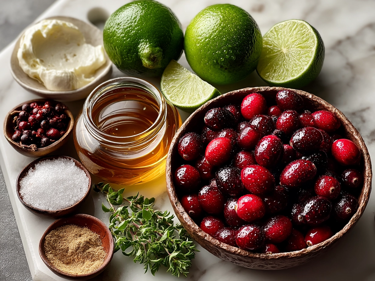 Ingredients for Cranberry Jalapeno Dip including cranberries, jalapenos, Greek yogurt, honey, lime, and spices