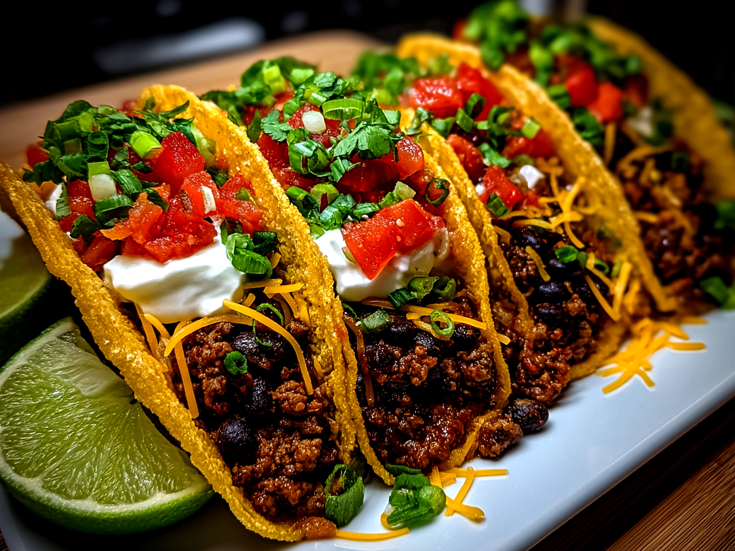 Serving Crispy Baked Ground Turkey Black Bean Tacos garnished and ready to eat