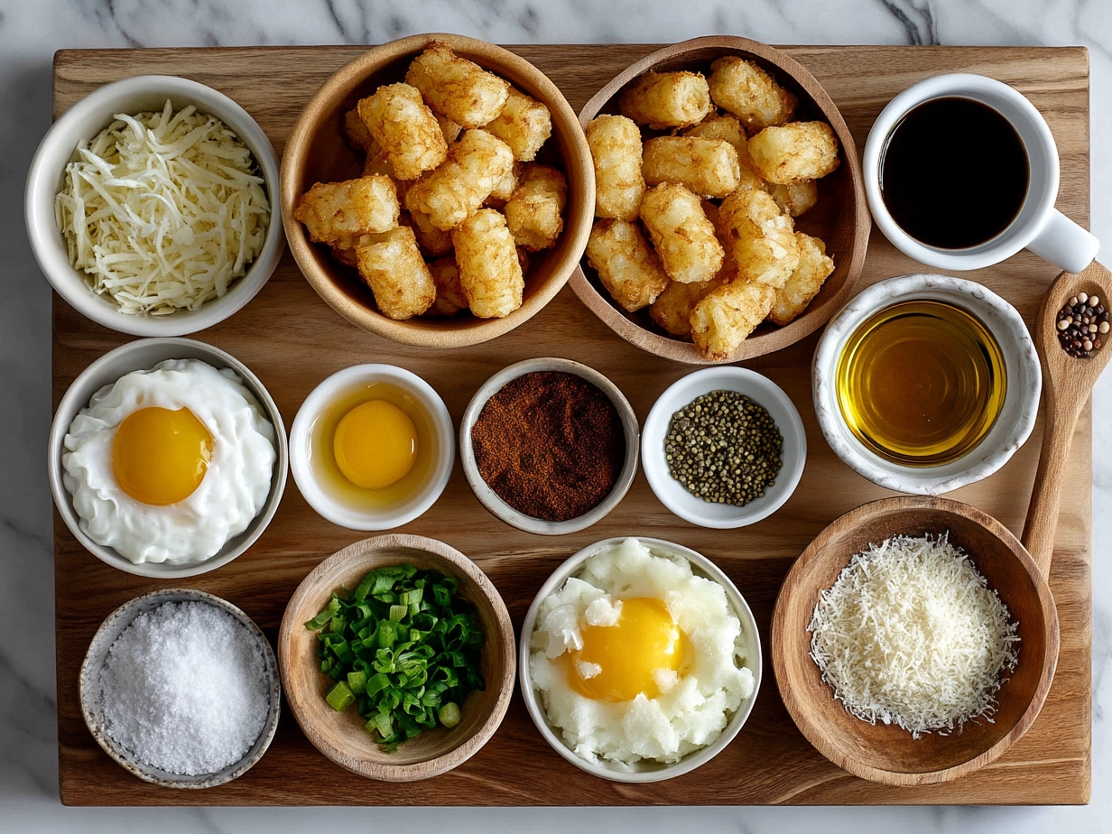 Ingredients for crispy tater tots including shredded potatoes and spices