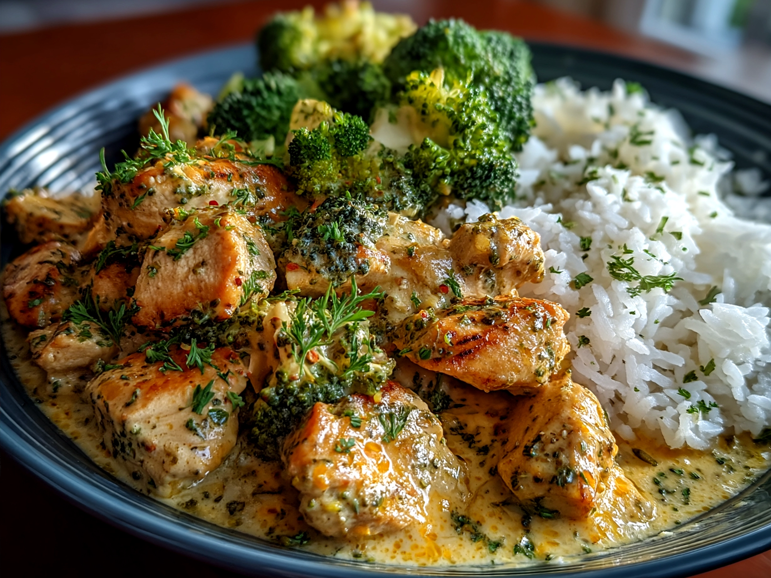 Serving of creamy broccoli cheddar chicken with brown rice and broccoli