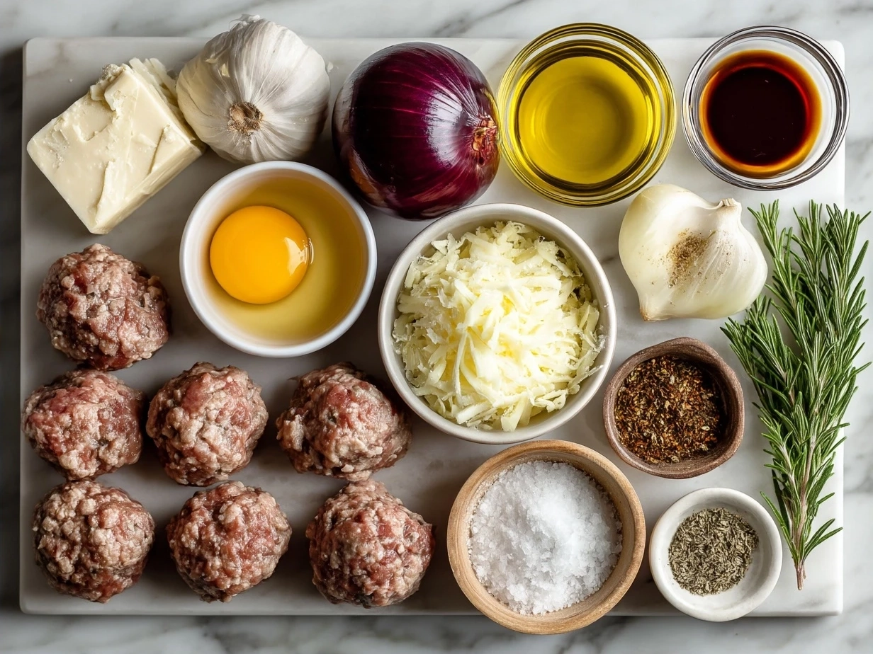 Ingredients for Crock Pot French Onion Meatballs laid out on a countertop