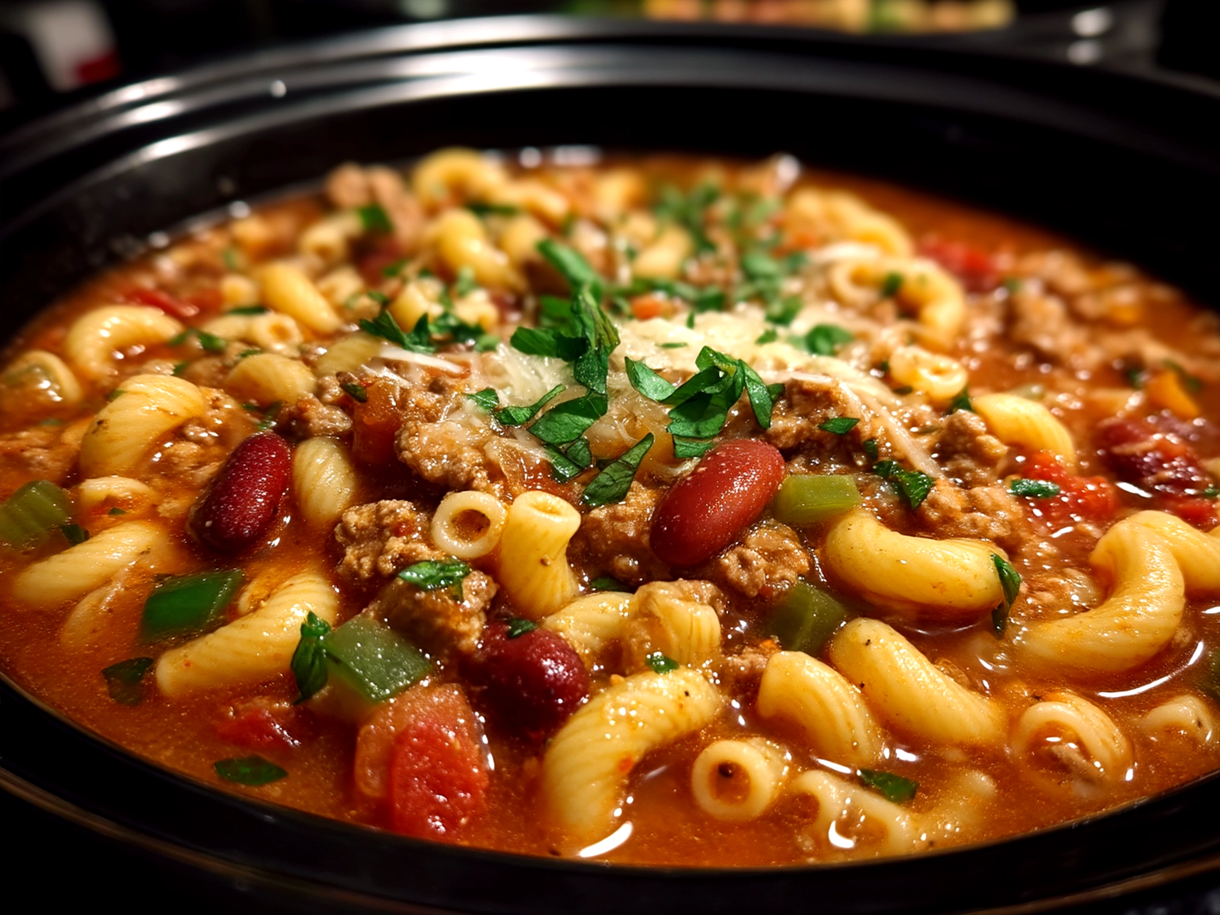 Bowl of Crock Pot Pasta Fagioli garnished with fresh parsley and parmesan