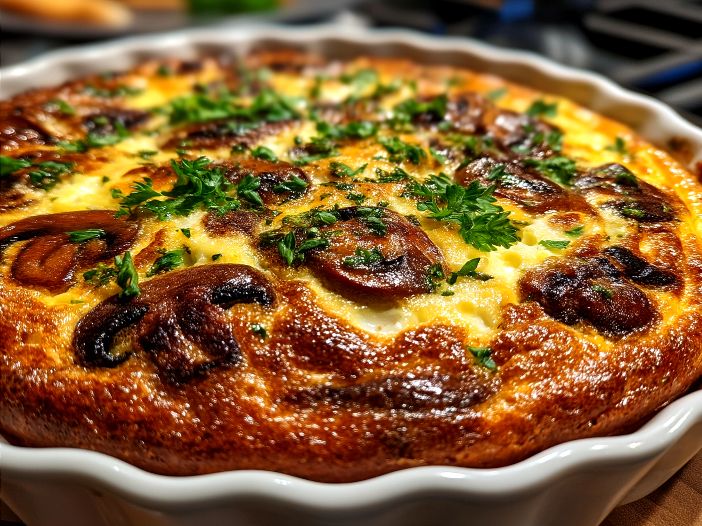 Serving of crustless mushroom quiche with fresh salad and vegetables on the side