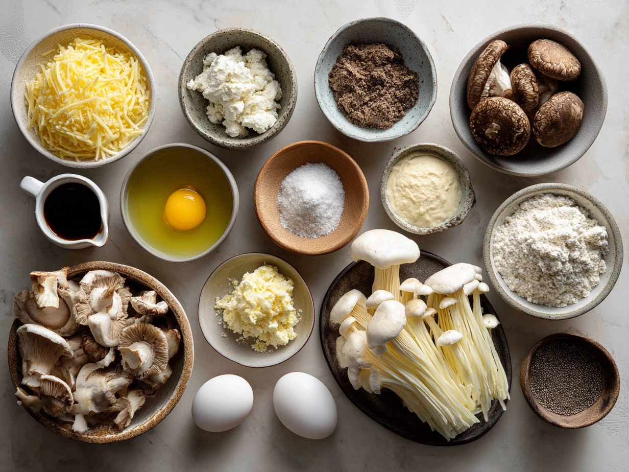 Ingredients for crustless mushroom quiche including eggs, mushrooms, cheese, spinach, onions, and garlic