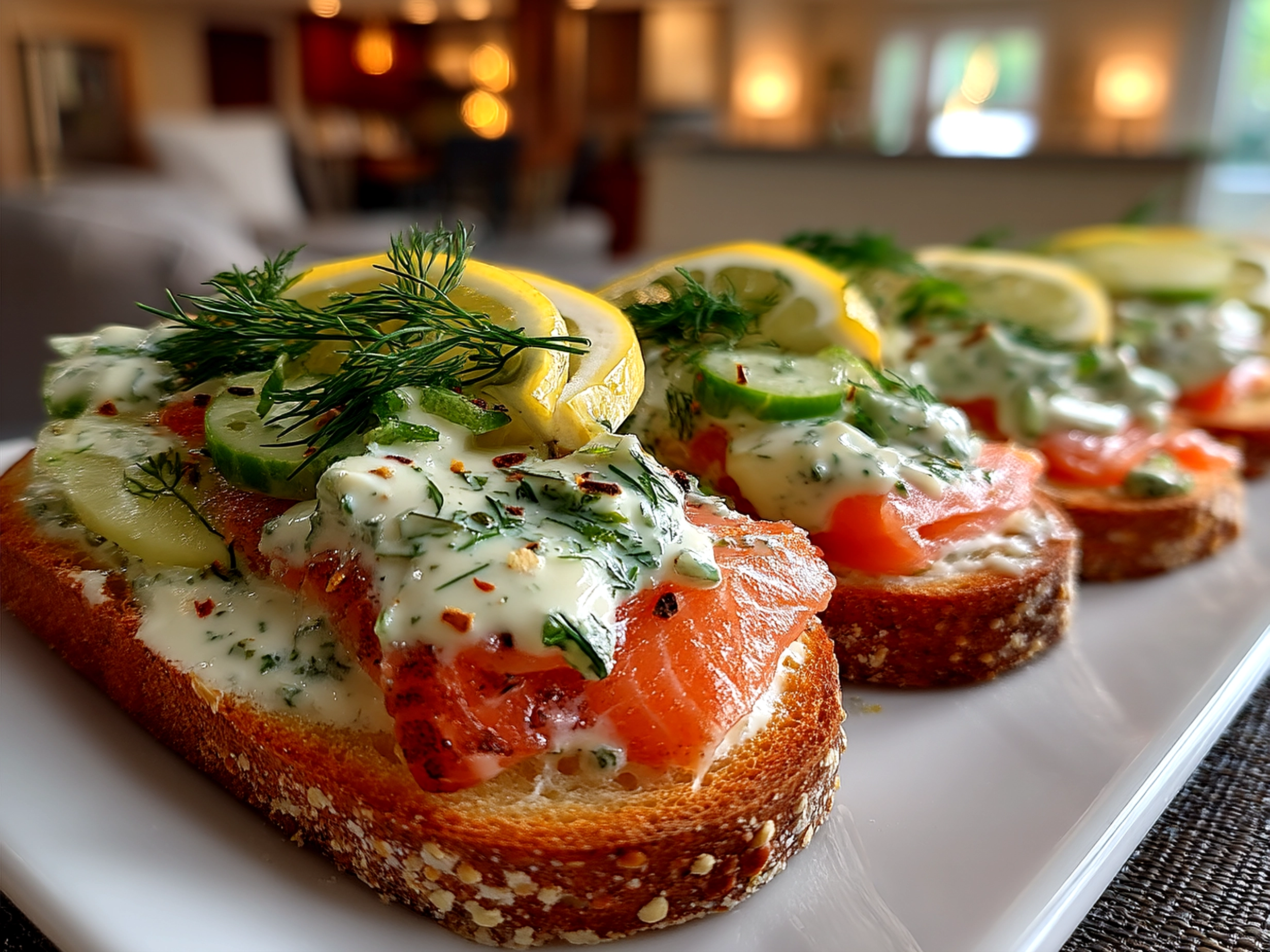 Served Dill Salmon with Potato Wedges and Creamy Pickle Dill Sauce on a plate