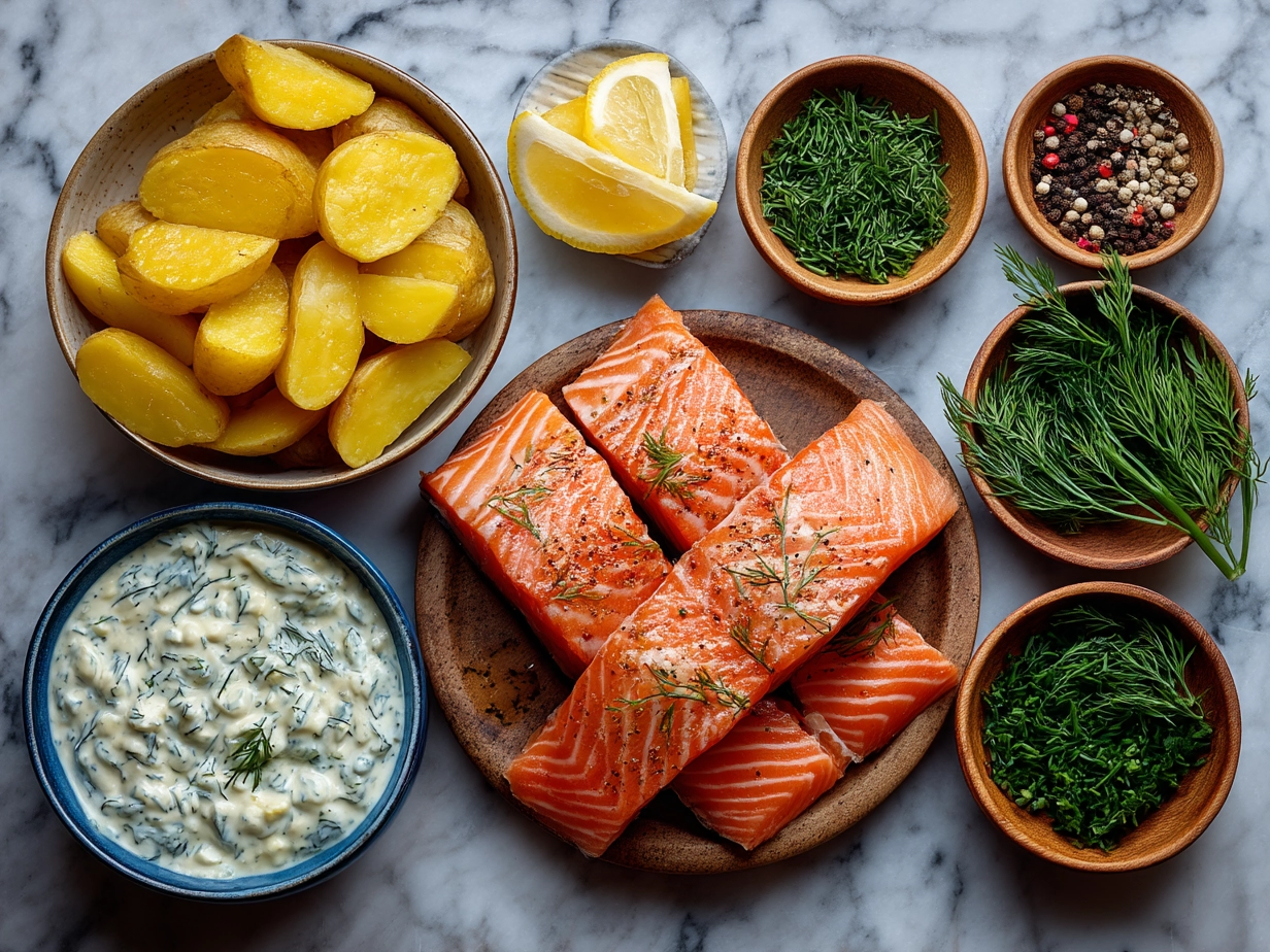 Ingredients for Dill Salmon with Potato Wedges and Creamy Pickle Dill Sauce