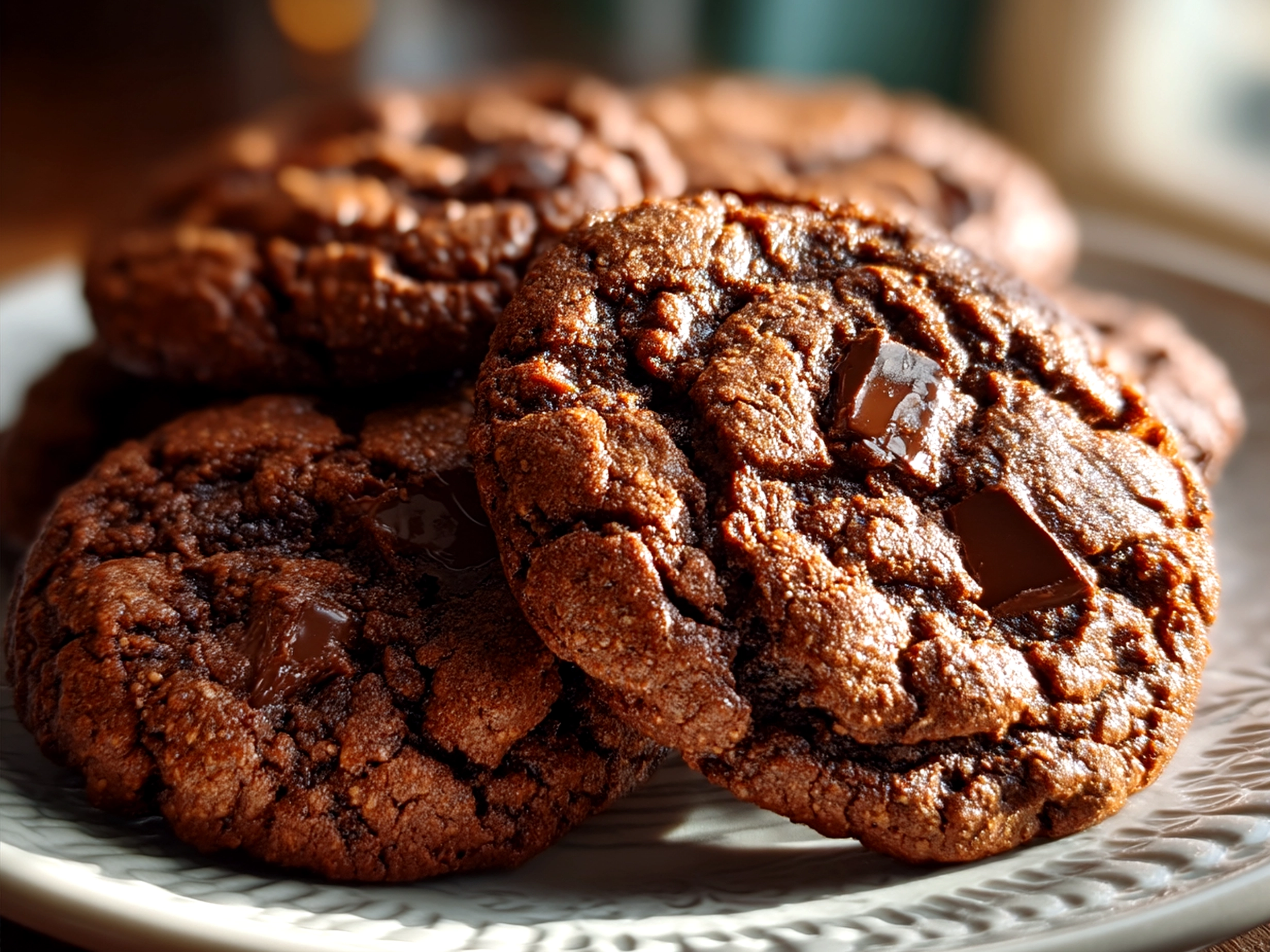 Stack of warm double chocolate chip cookies on a plate