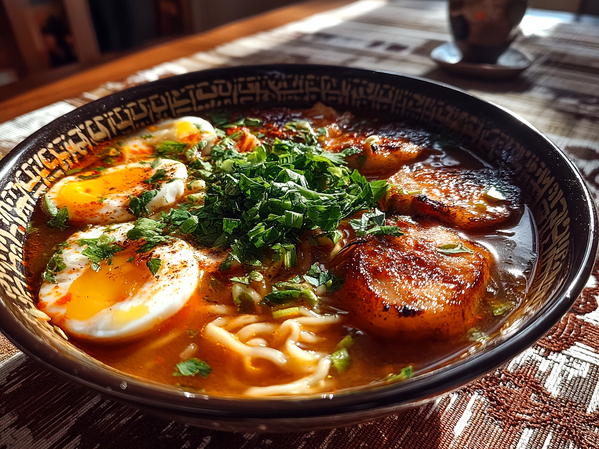 Bowl of Dumpling Ramen served with green onions on top