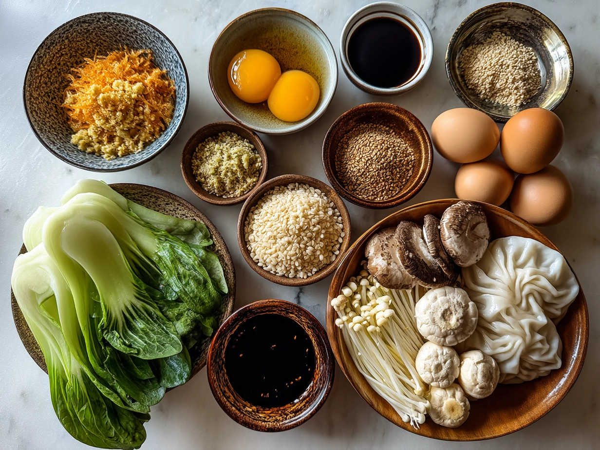 Ingredients for Dumpling Ramen Bowl laid out on table