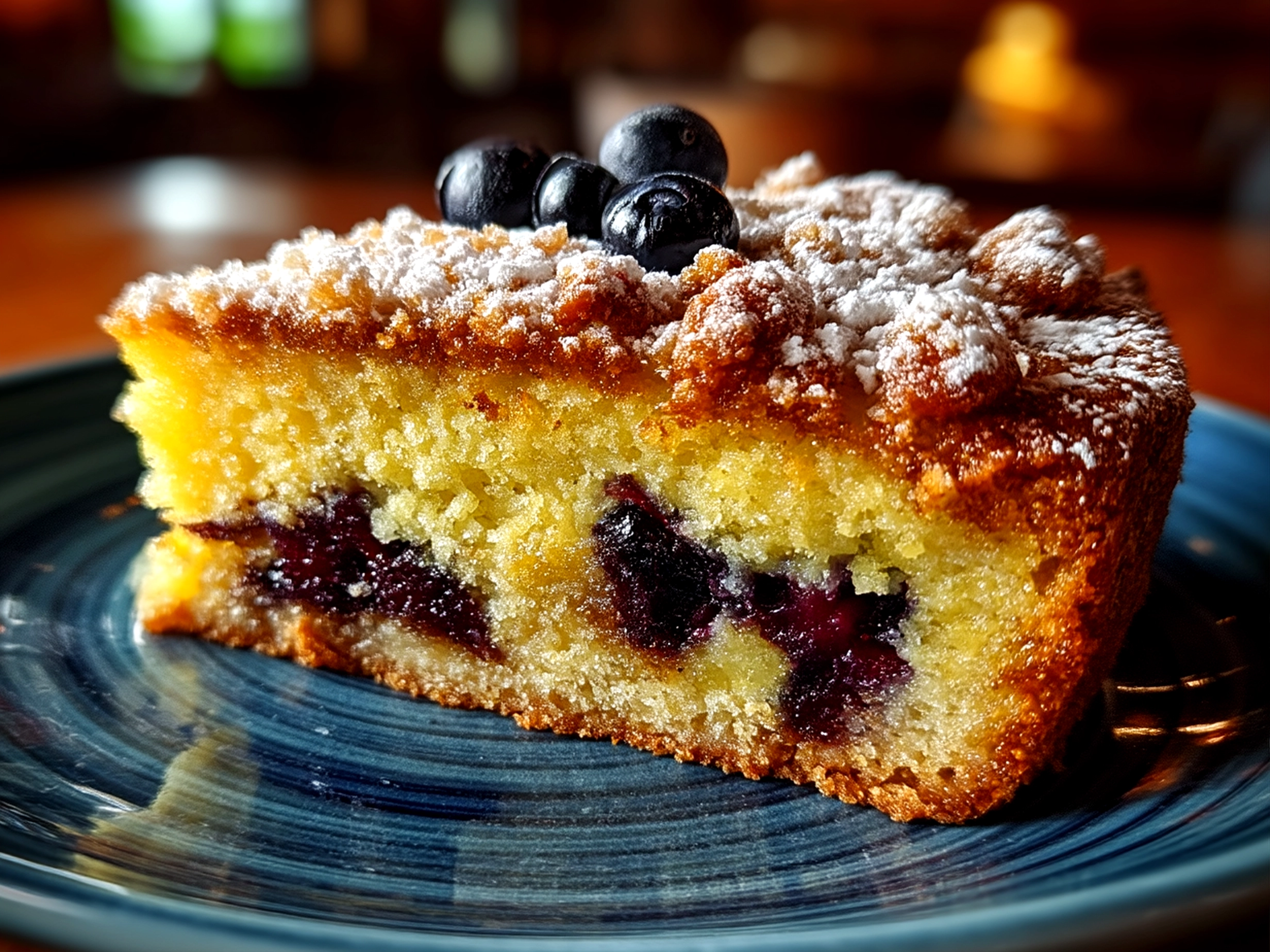 Finished Blueberry Coffee Cake with warm inviting finish