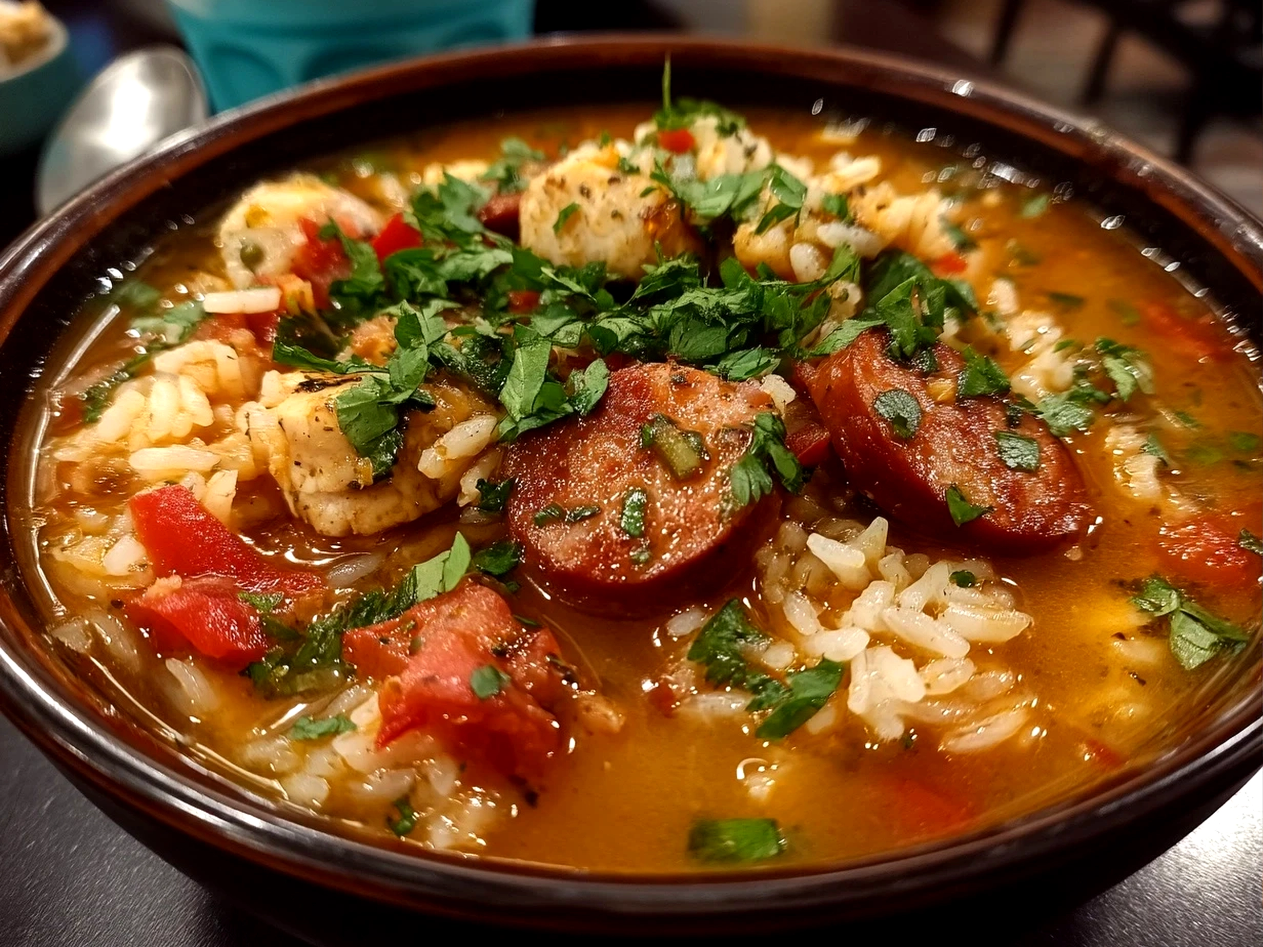 Finished bowl of Spicy Jambalaya Soup with Andouille Sausage Chicken ready to serve