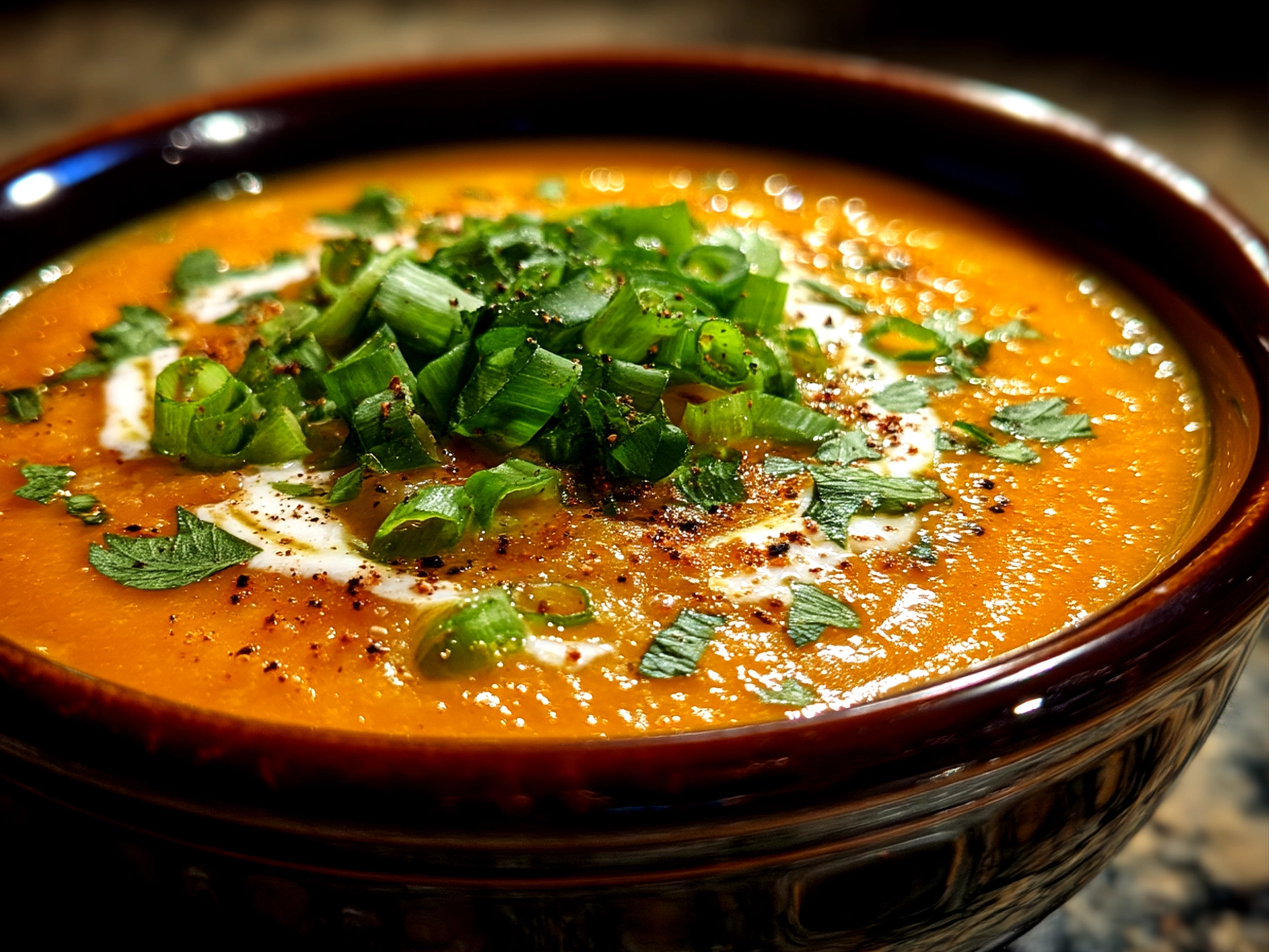 Close up of finished carrot and celery soup served warm in a bowl with parsley garnish