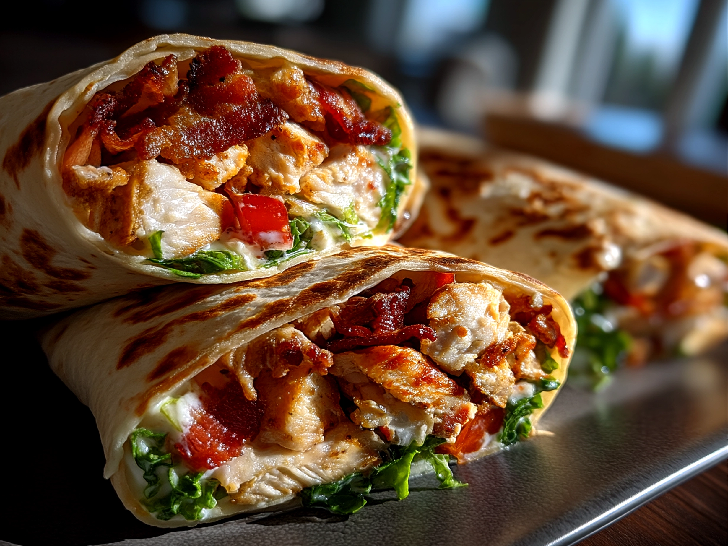 Close-up of a finished Chicken Bacon Wrap sliced in half, showing crispy bacon, chicken, lettuce, tomato, and melted cheese with a side of colorful veggies.