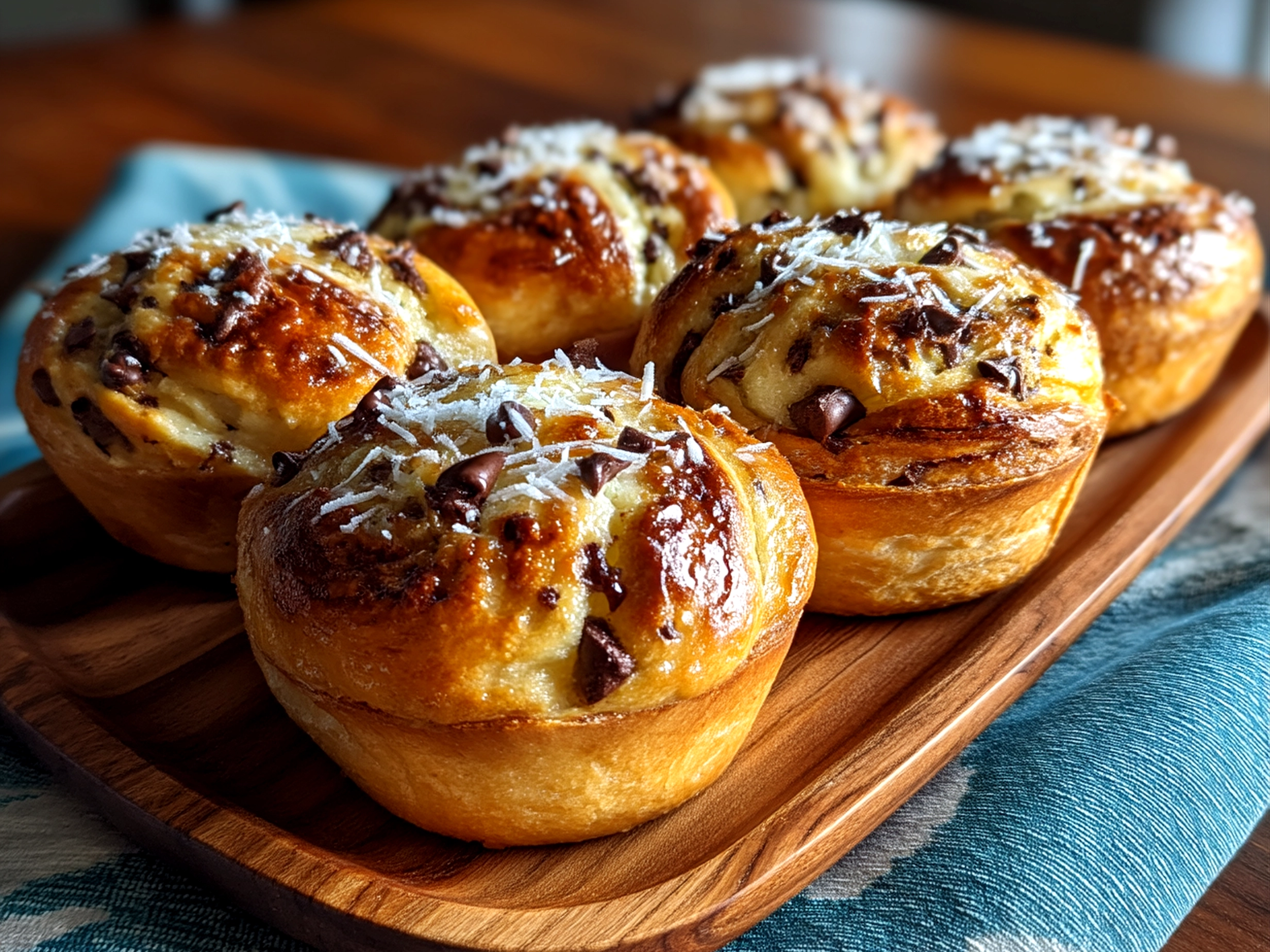 Finished chocolate chip sourdough cruffins with glossy chocolate glaze on top