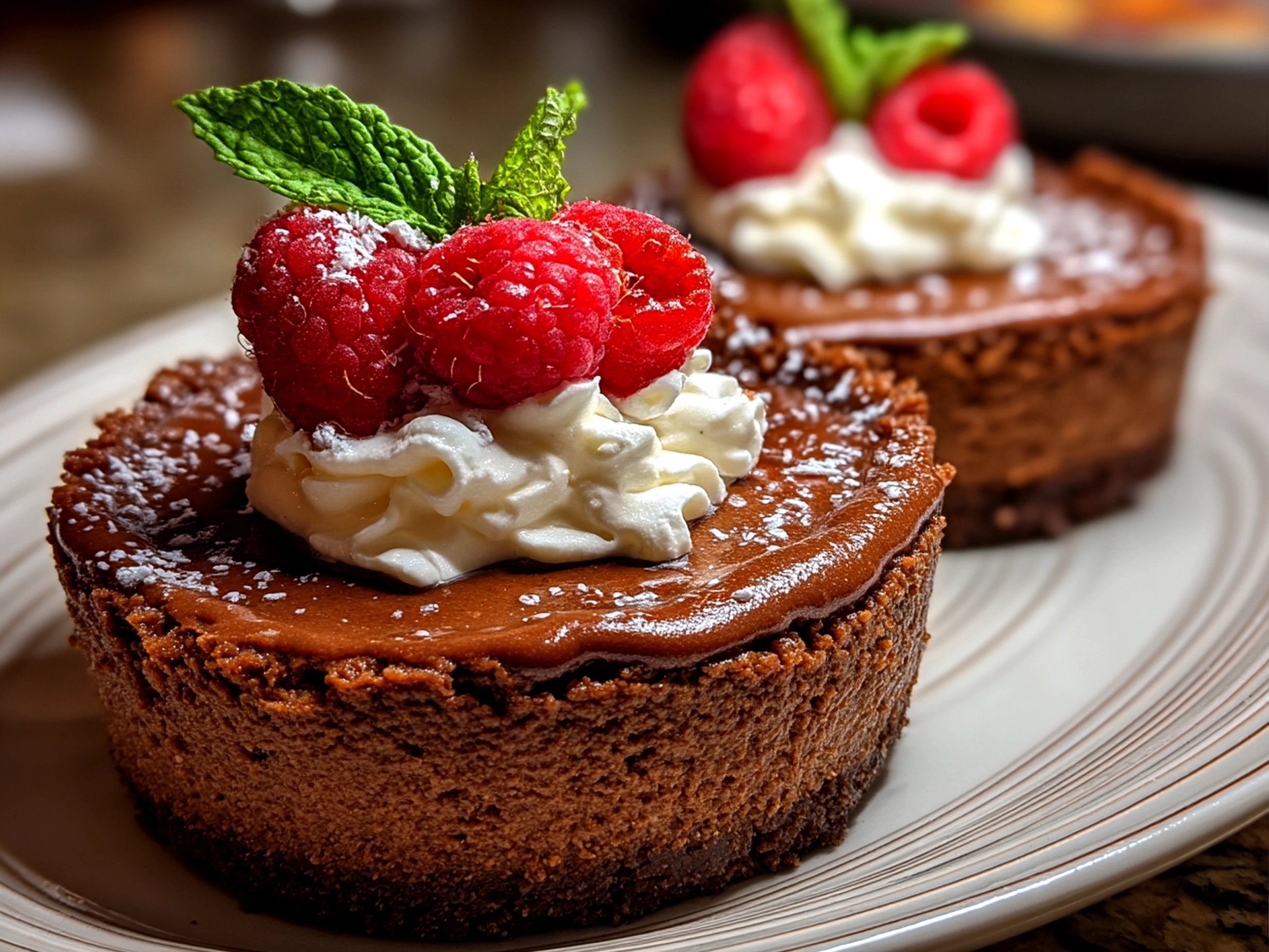 Close-up of finished Chocolate Gnome Cheesecakes decorated with whipped cream gnome hats