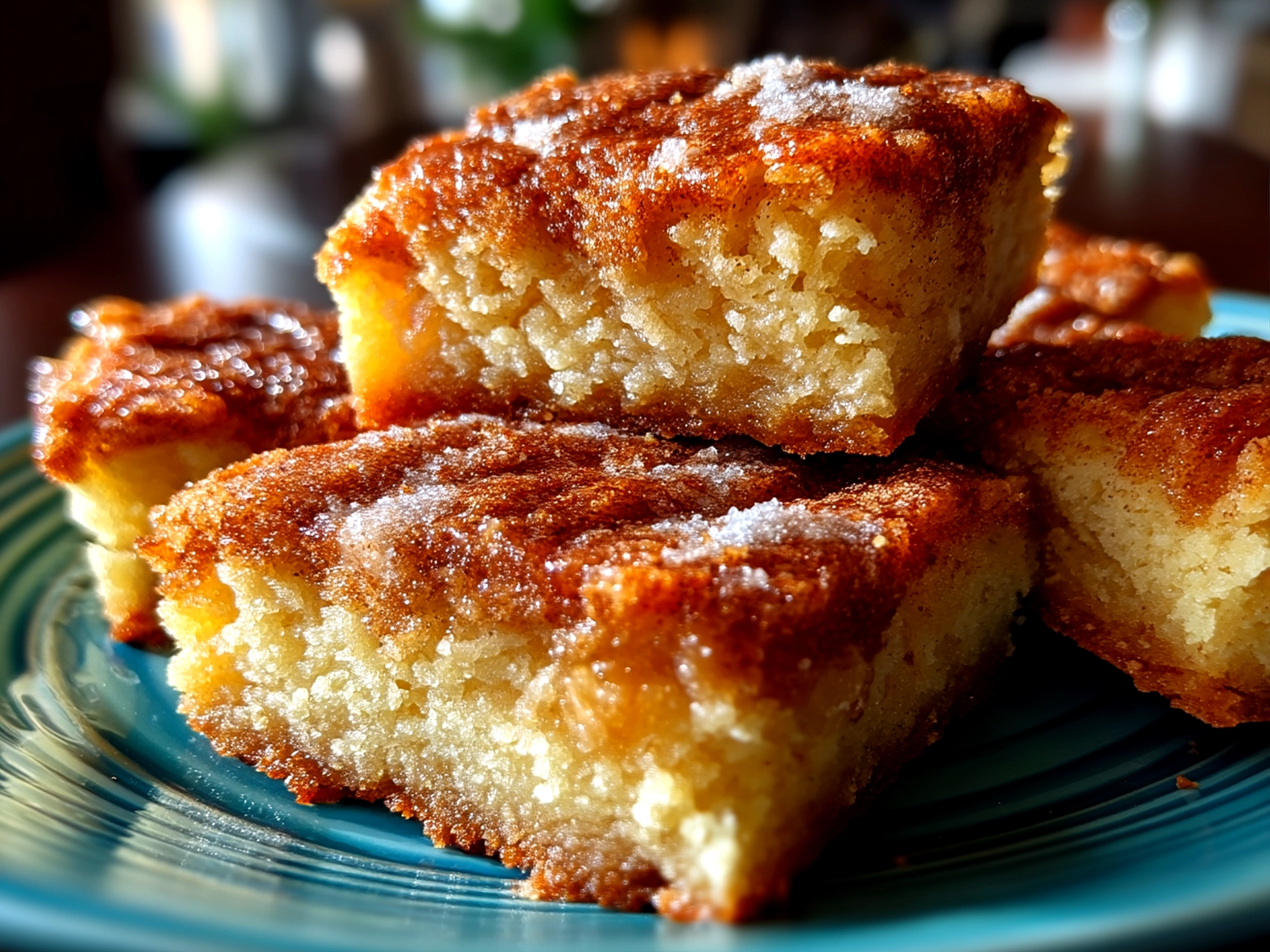 Close-up of warm Cinnamon Sugar Blondies on a plate ready to eat