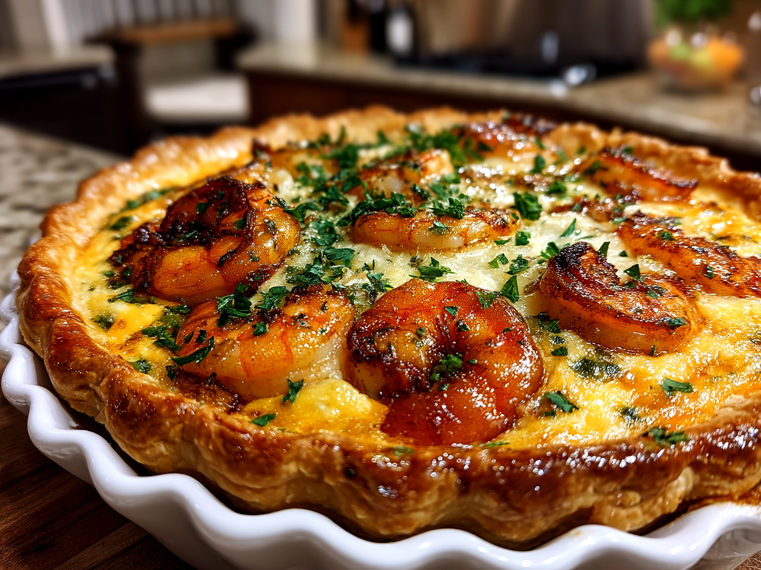 Close-up of a finished comforting shrimp cheddar pie with a golden crust and melted cheese