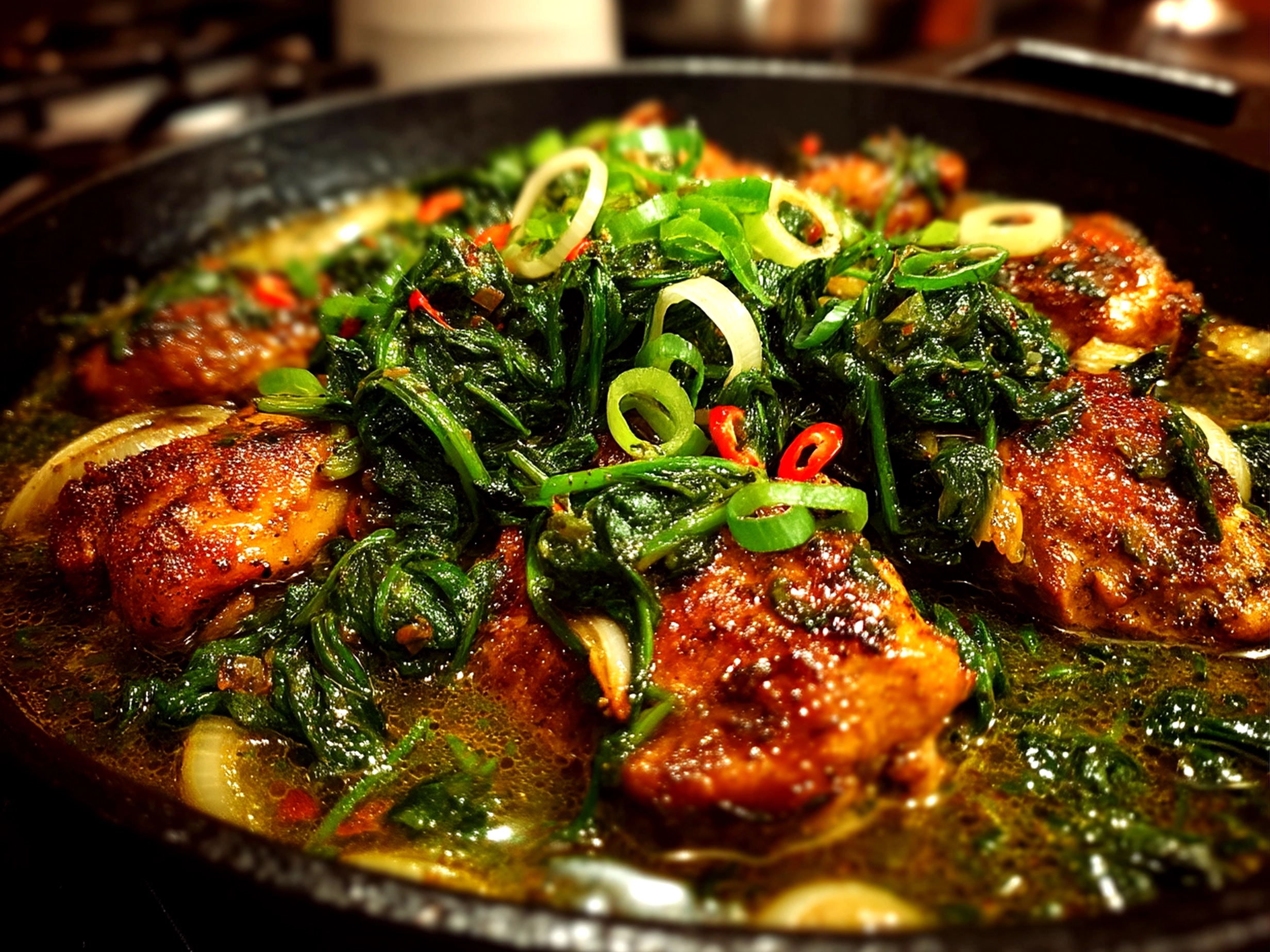 Finished comforting spinach garlic chicken close-up