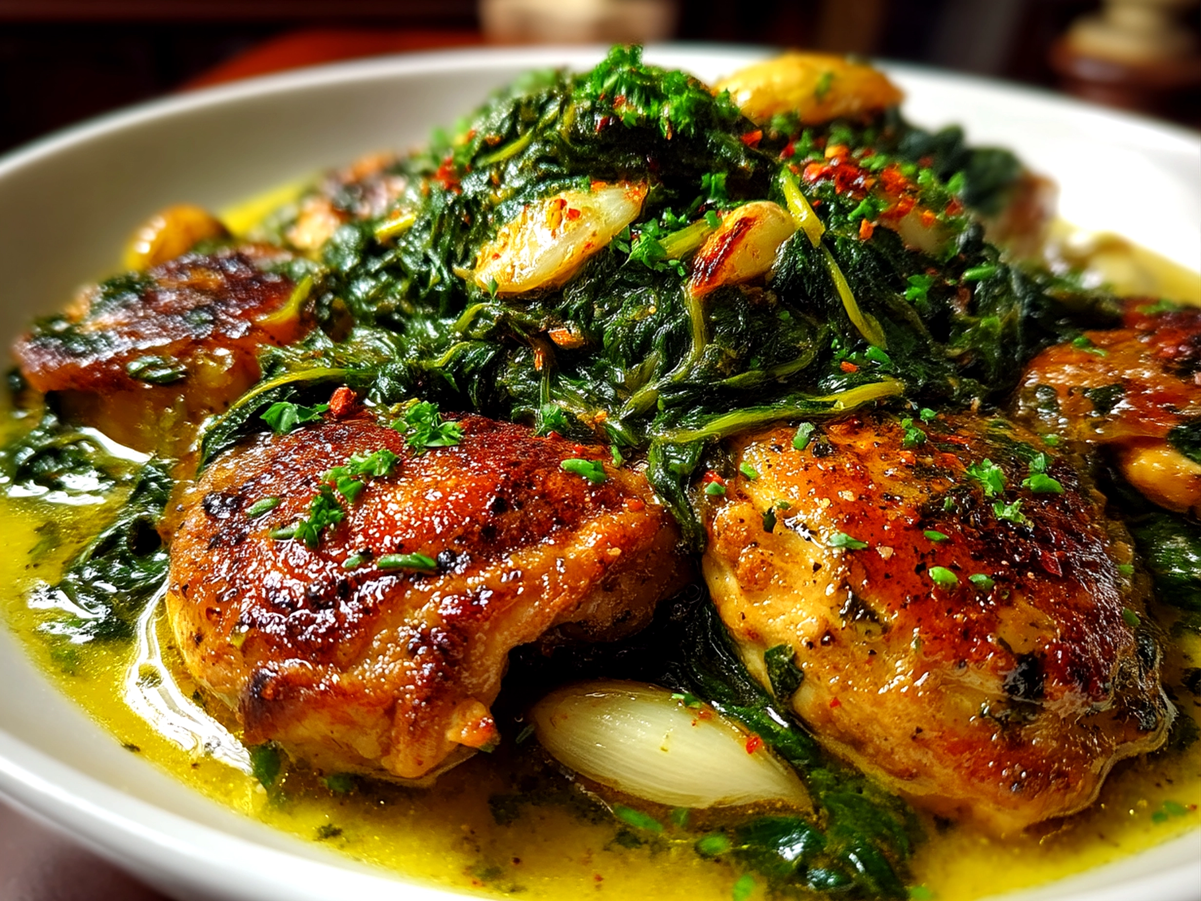 Close-up of cooked spinach garlic chicken served on a plate