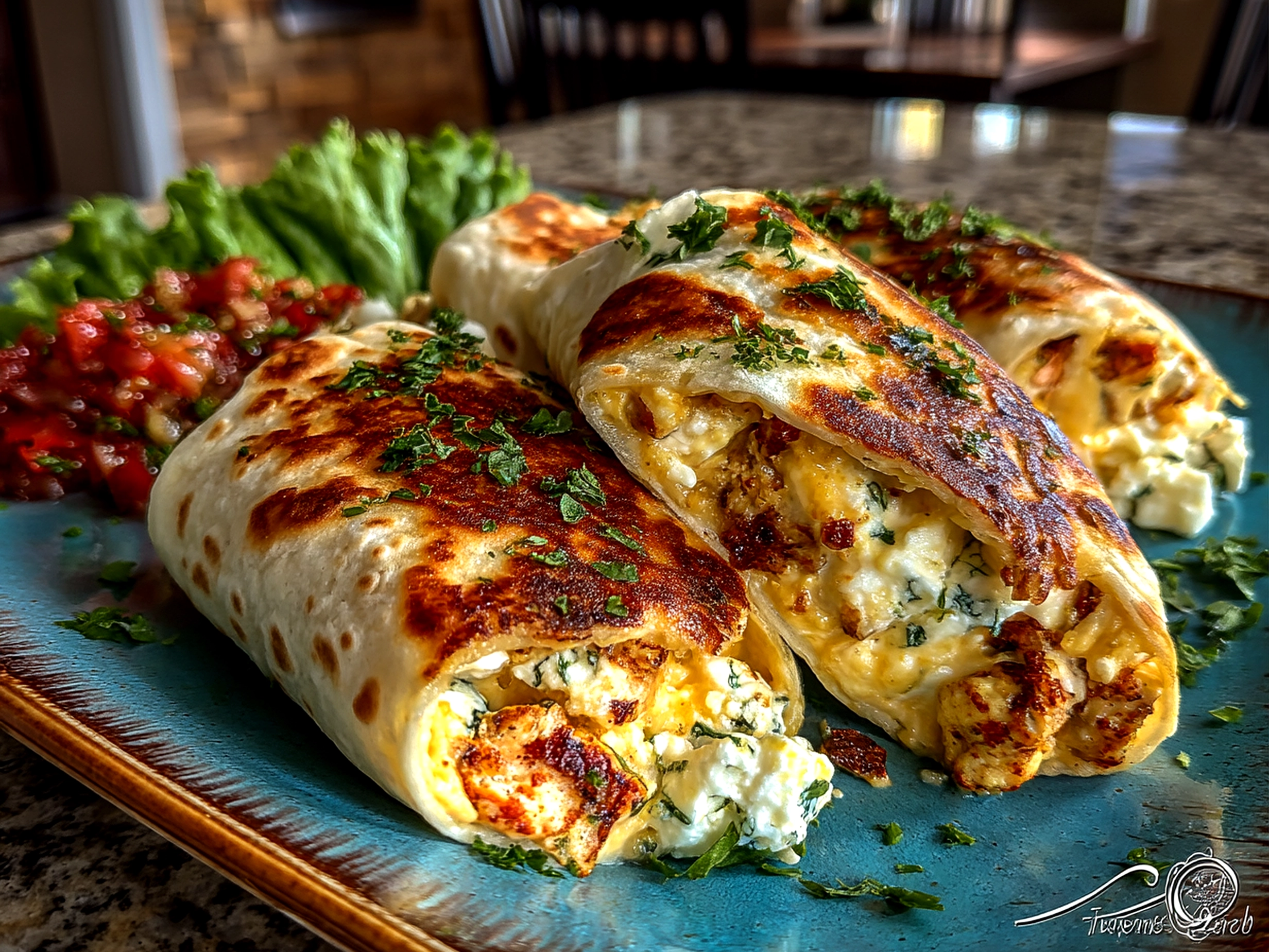 Finished Cottage Cheese Wraps sliced and arranged on a plate