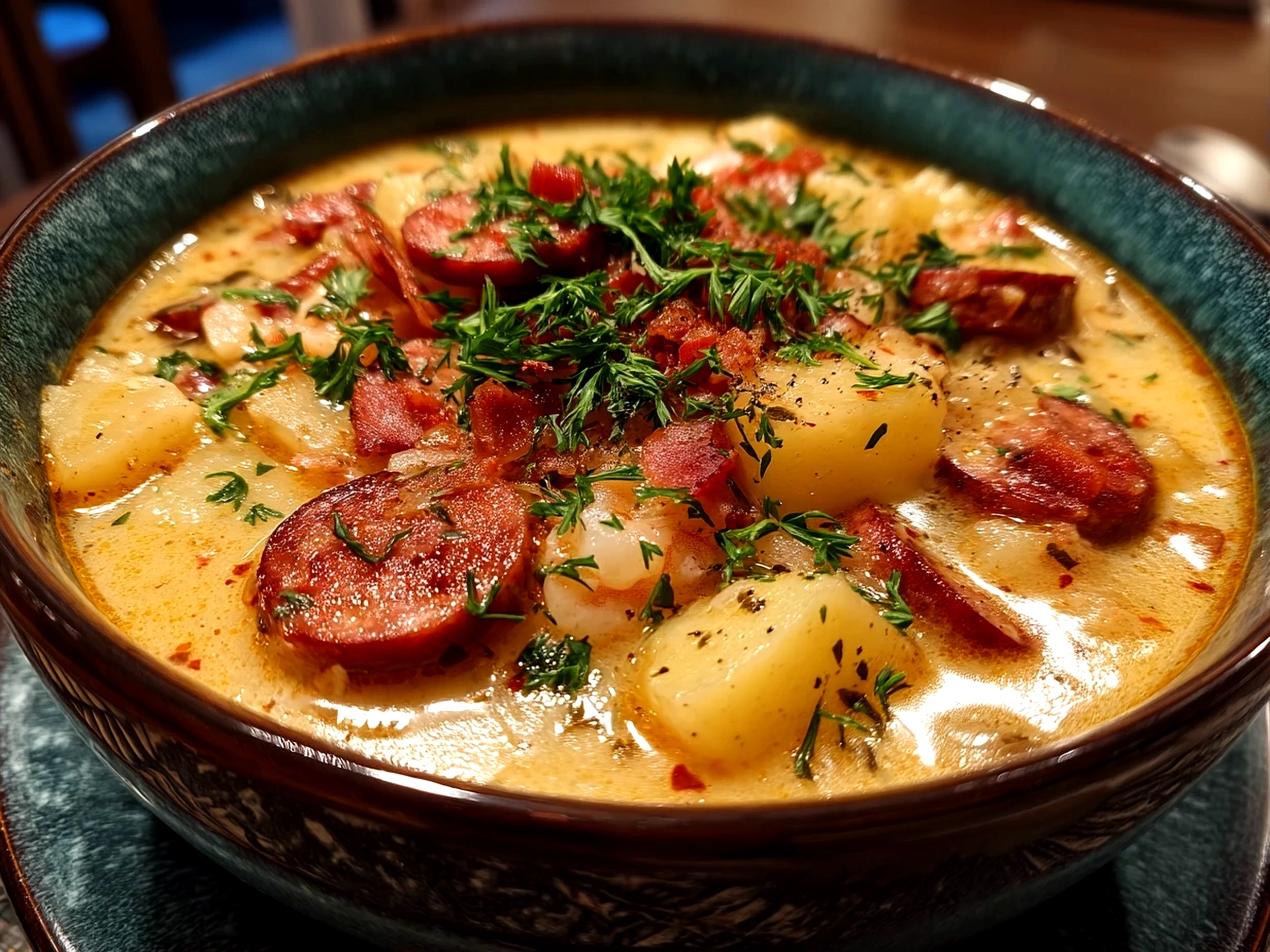 Creamy Cajun Potato Soup with Andouille Sausage served in a bowl