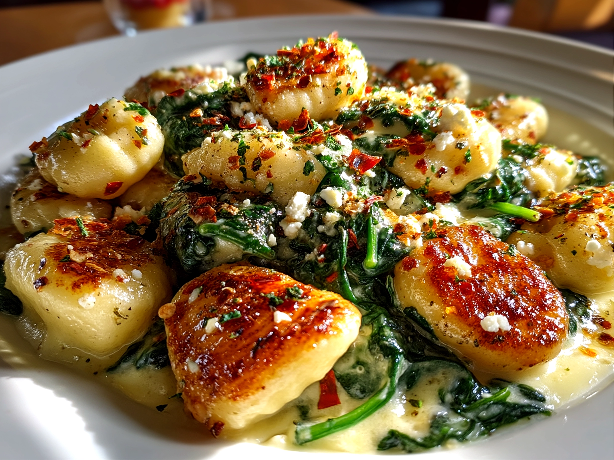Close-up of finished creamy gnocchi with spinach and feta served in a skillet