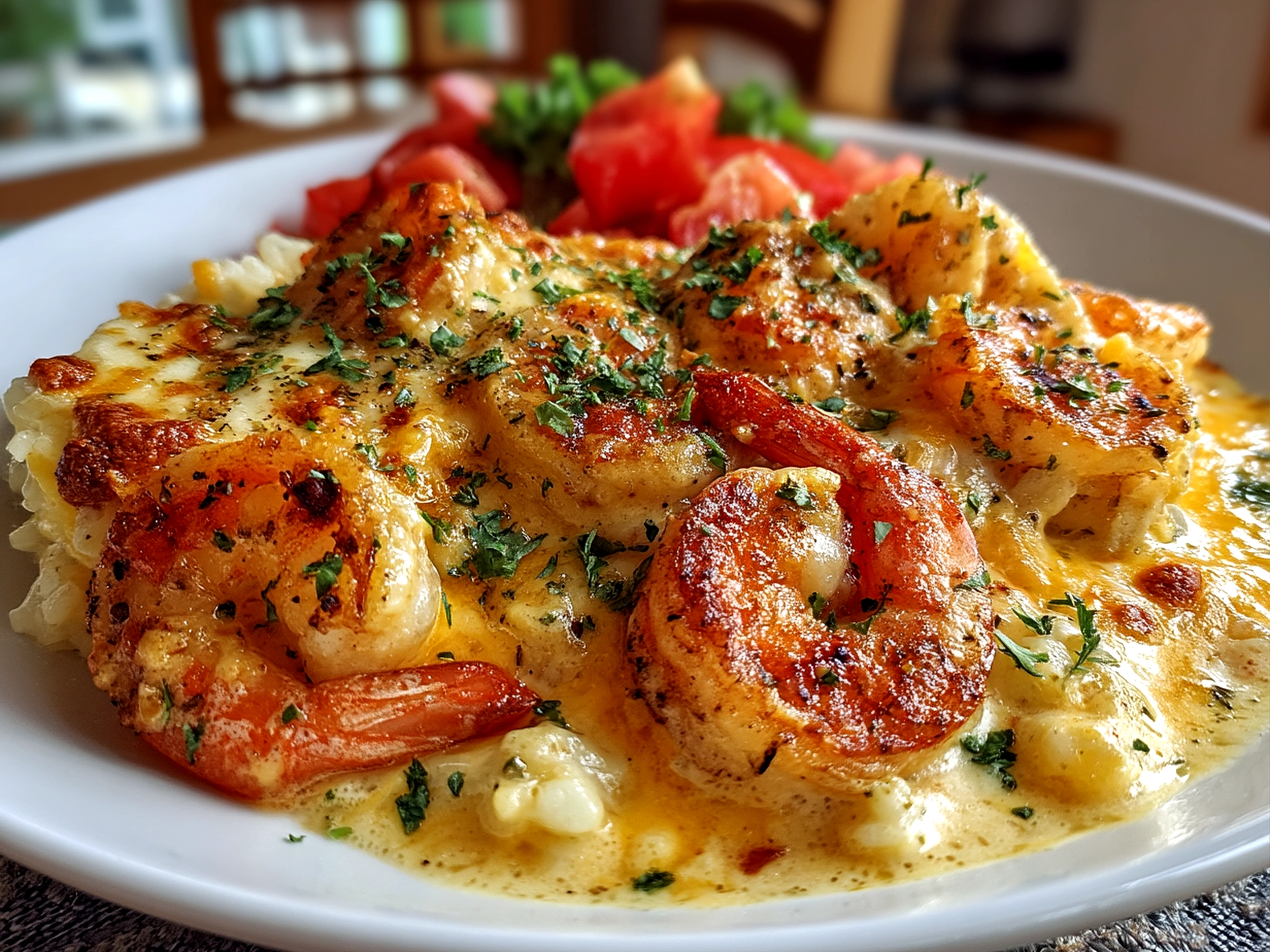Close up of finished creamy shrimp casserole with condensation and sauce smears