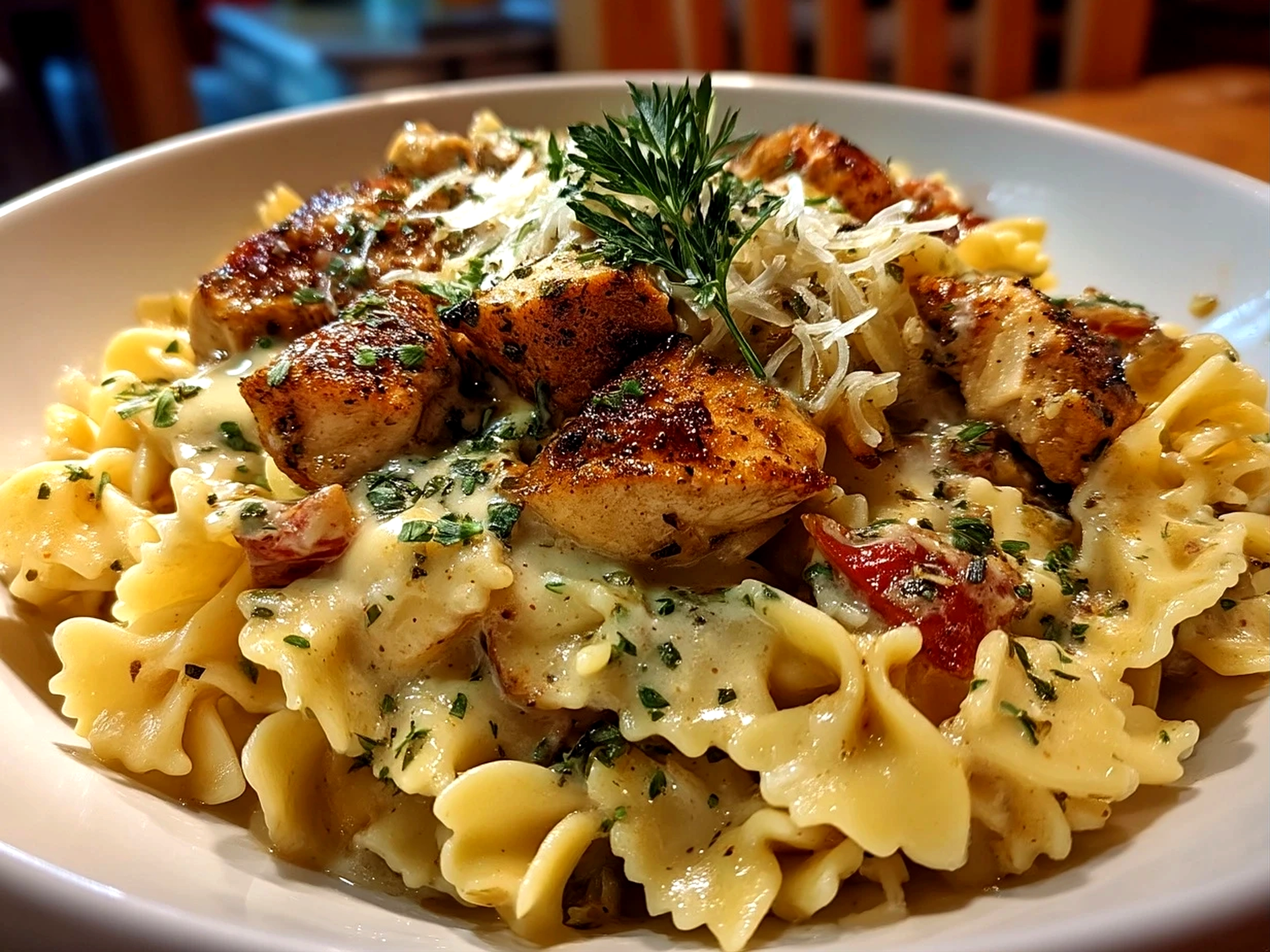 Close-up of creamy Crock Pot Creamy Cajun Chicken Pasta served