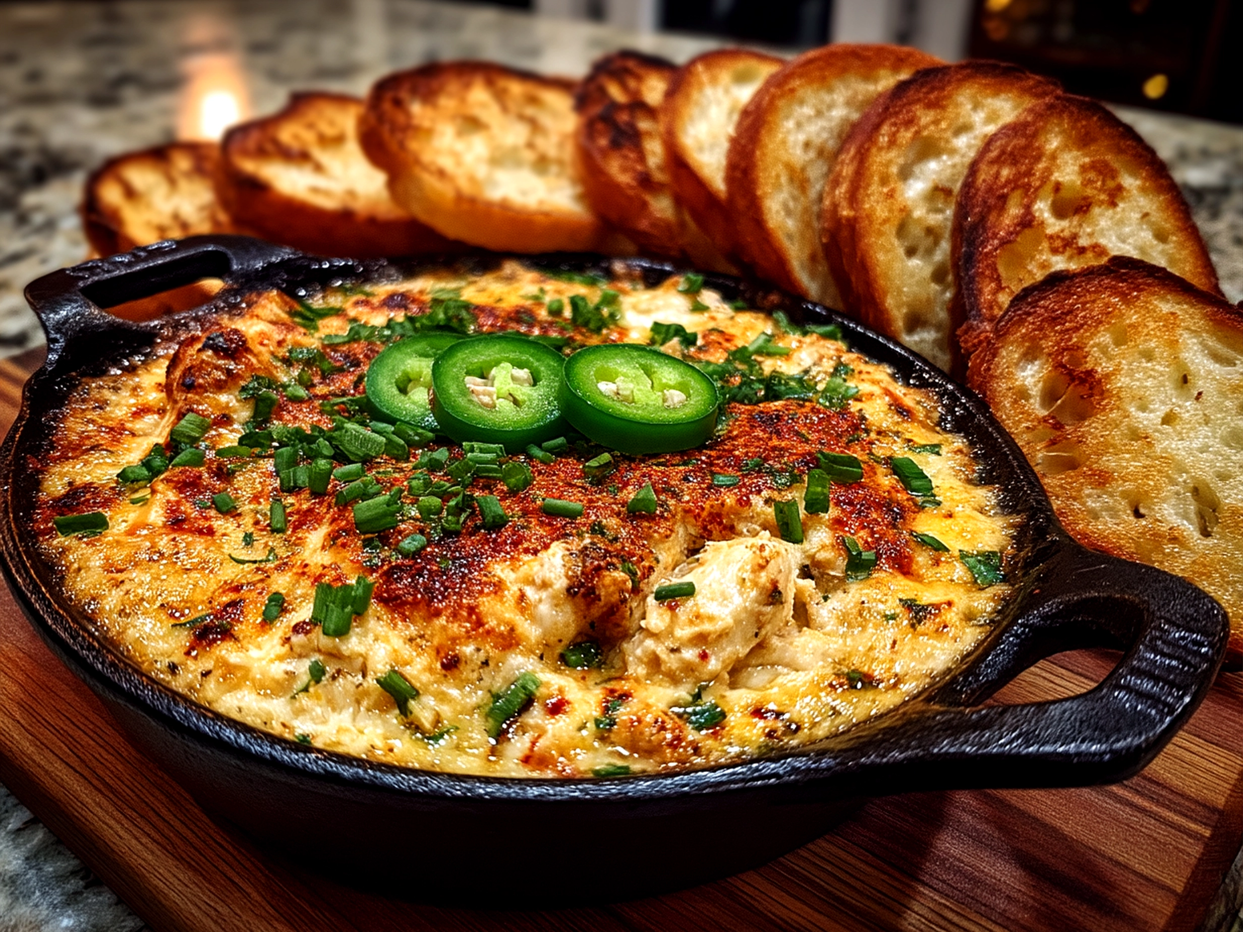 Close-up of a creamy baked jalapeno chicken dip served in a dish with crispy veggies and crackers