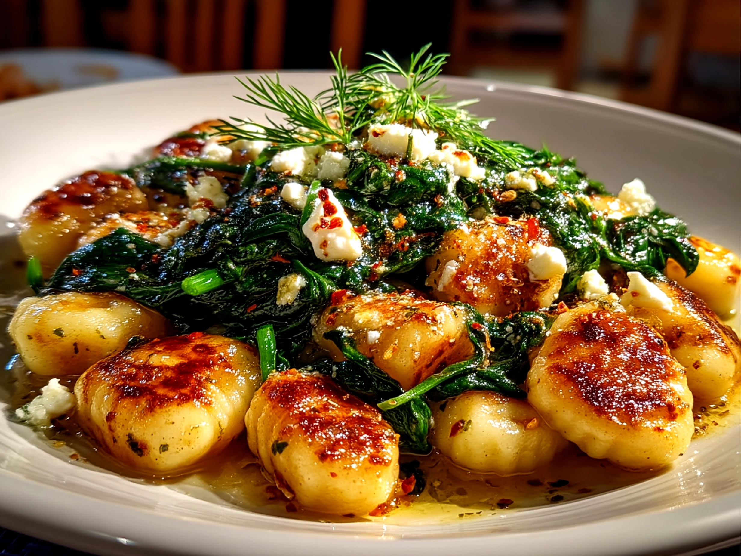 Finished dish of creamy Gnocchi with Spinach and Feta served on a plate