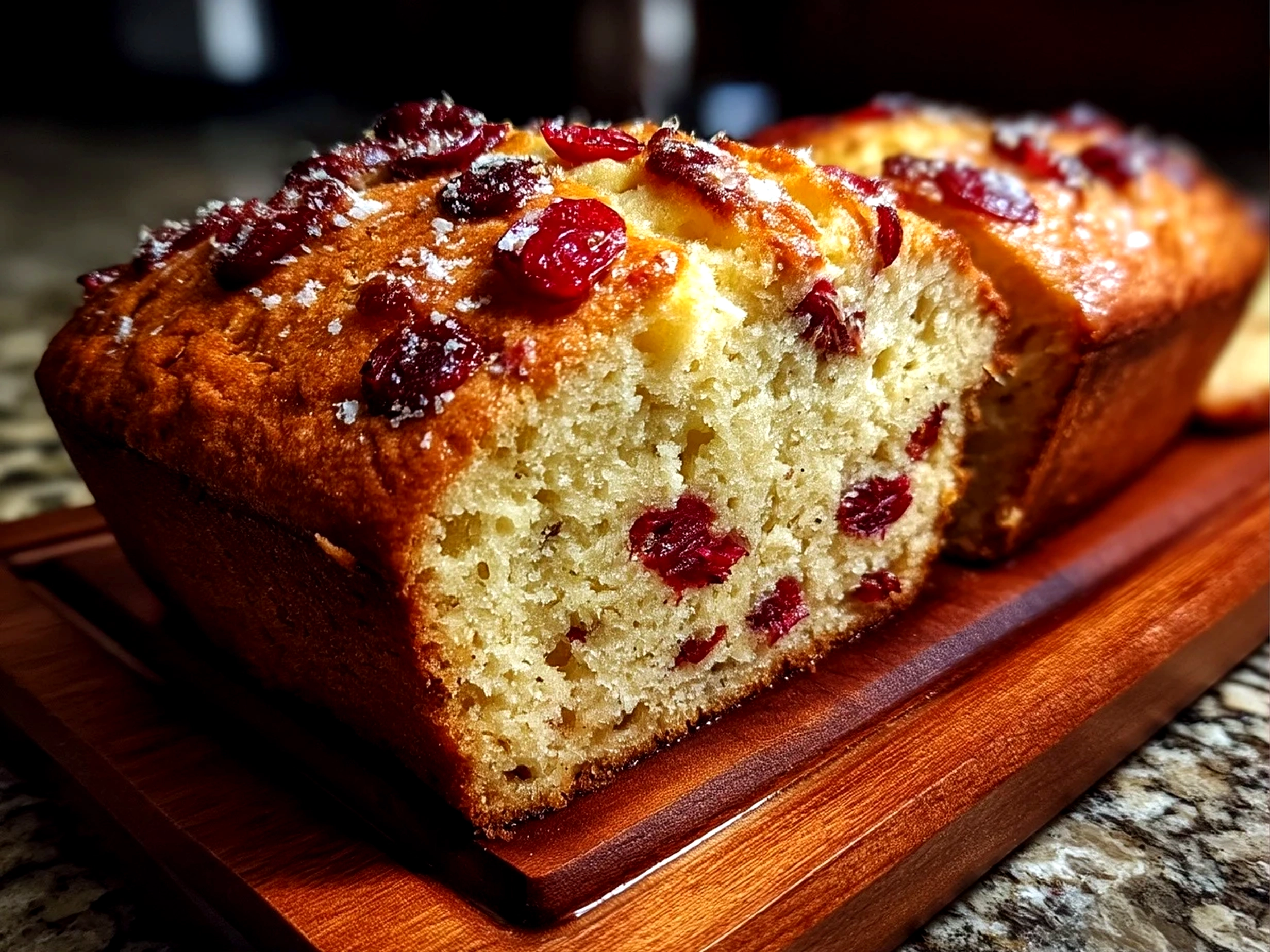 Sliced homemade cranberry bread on a wooden surface ready to serve
