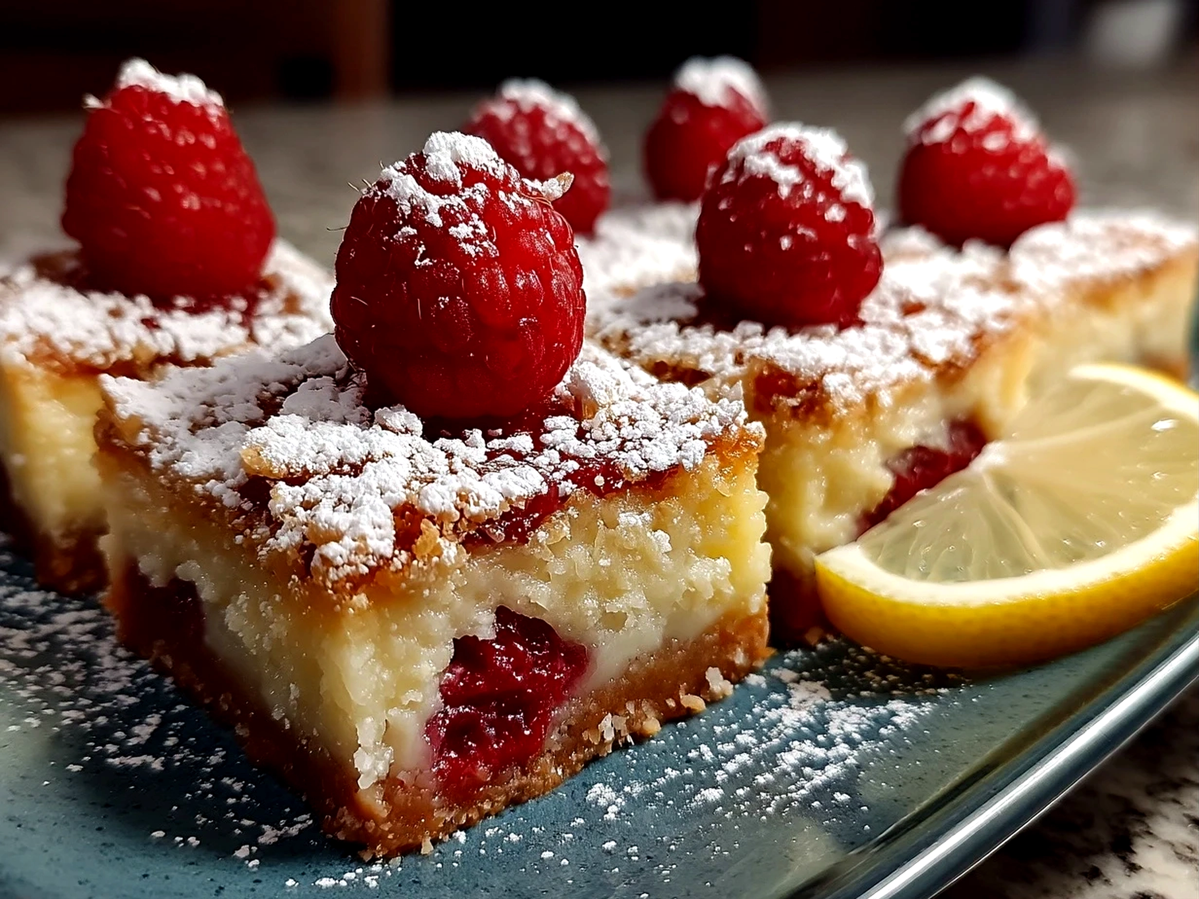 Close up of finished Lemon Raspberry Bars served on a plate