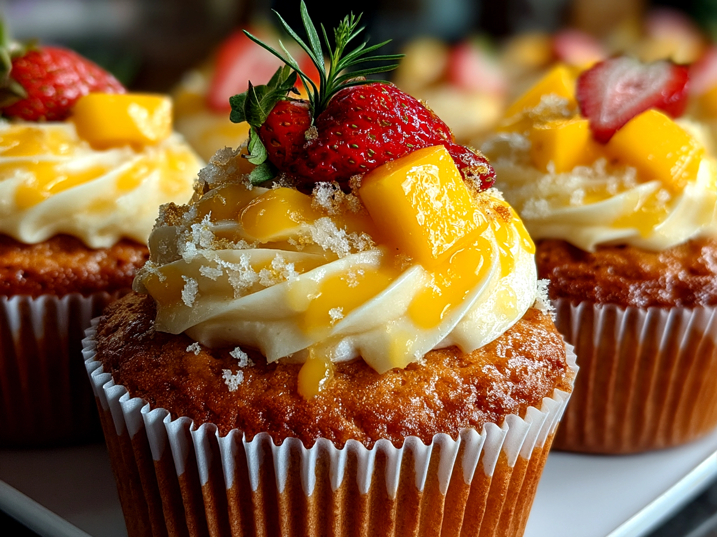 Close-up of finished Mango Strawberry Cupcakes with strawberry frosting and fruit garnishes