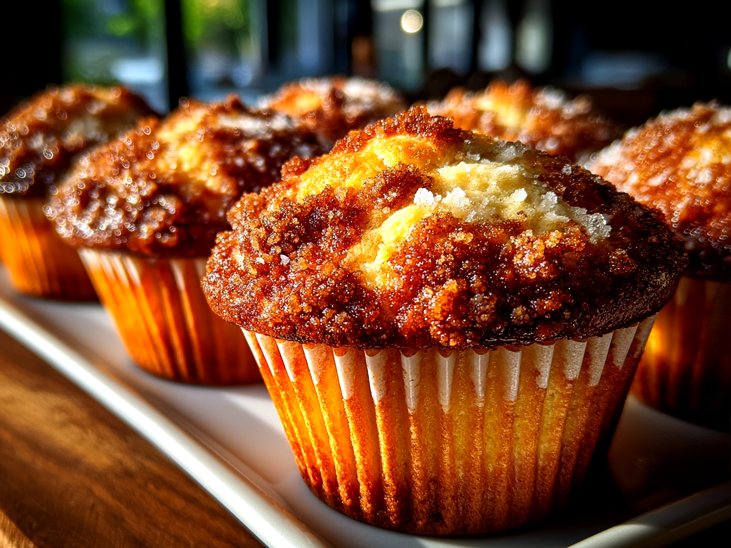 Plate of freshly baked sourdough coffee cake muffins ready to eat