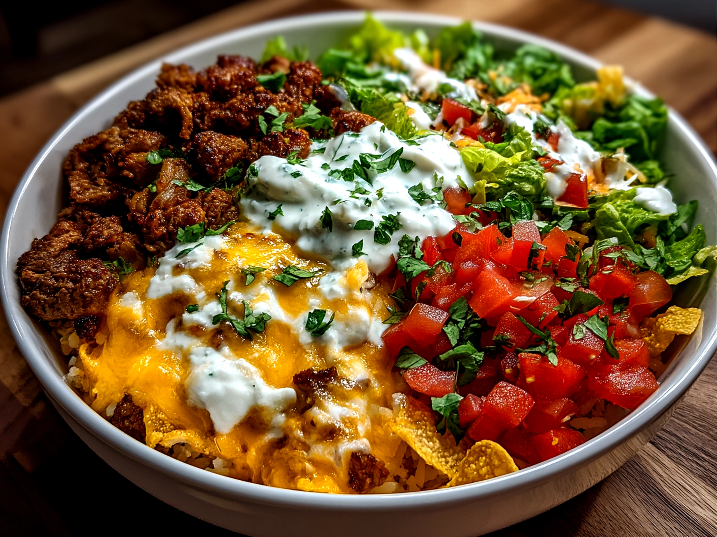 Close-up of finished Ranch Taco Party Bowl with fresh ingredients and ranch dressing
