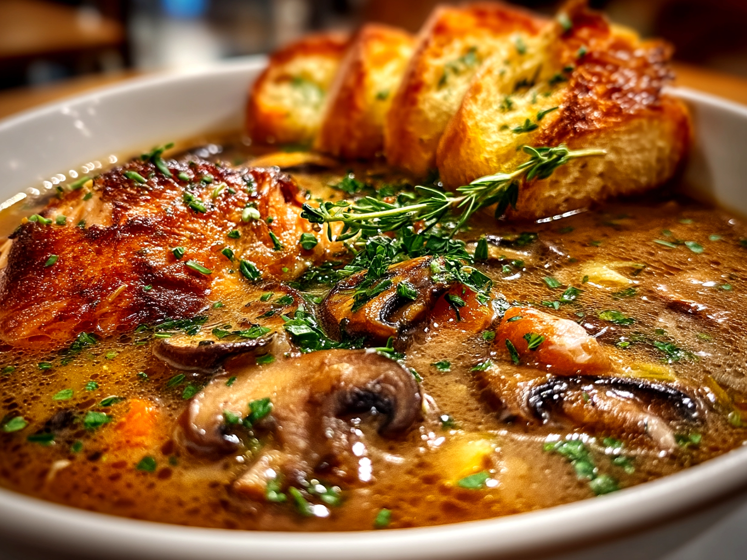 Finished rotisserie chicken and mushroom soup served in a bowl
