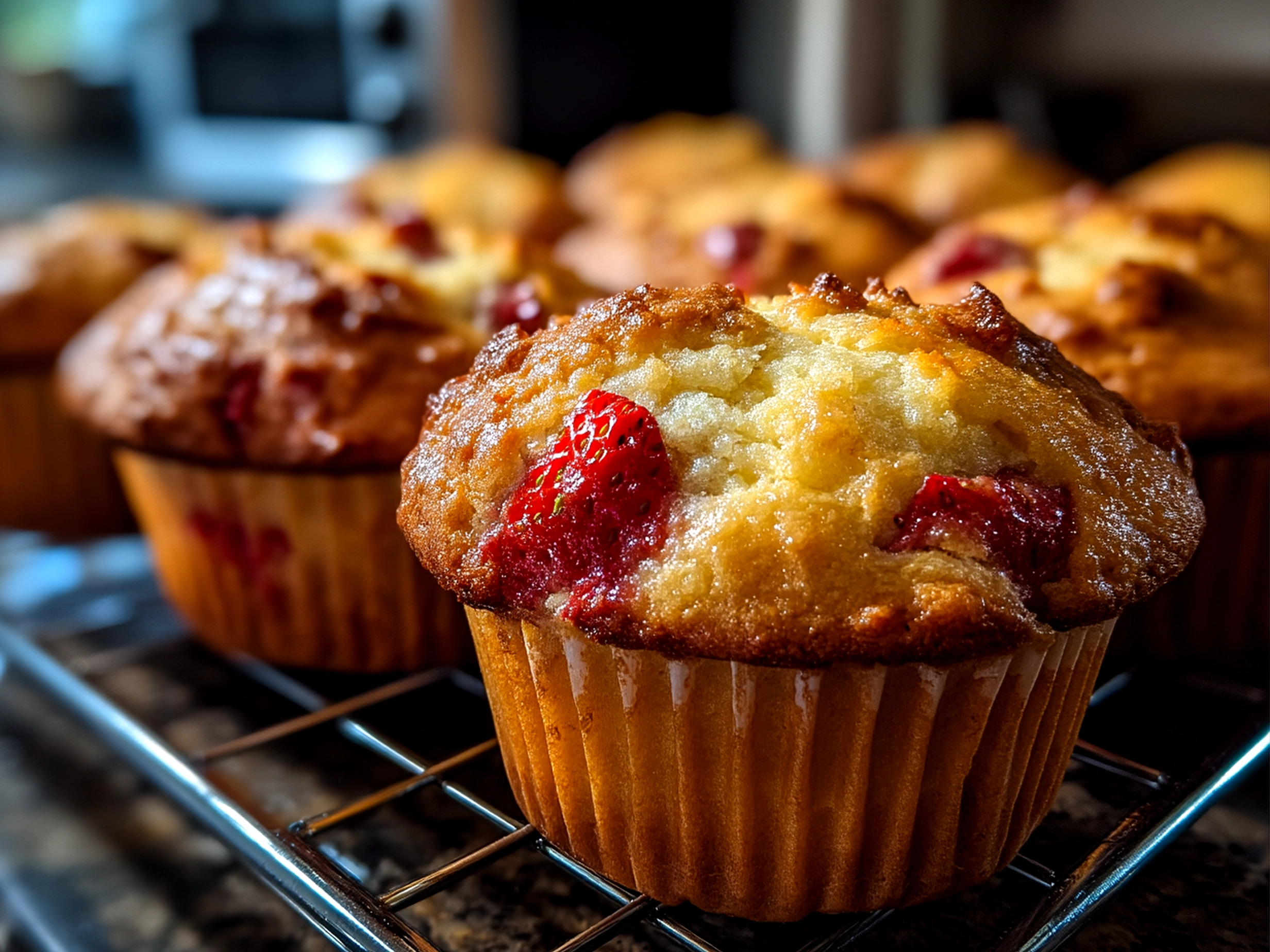 Close up of freshly baked Strawberry Ricotta Muffins showing moist texture and fresh strawberries