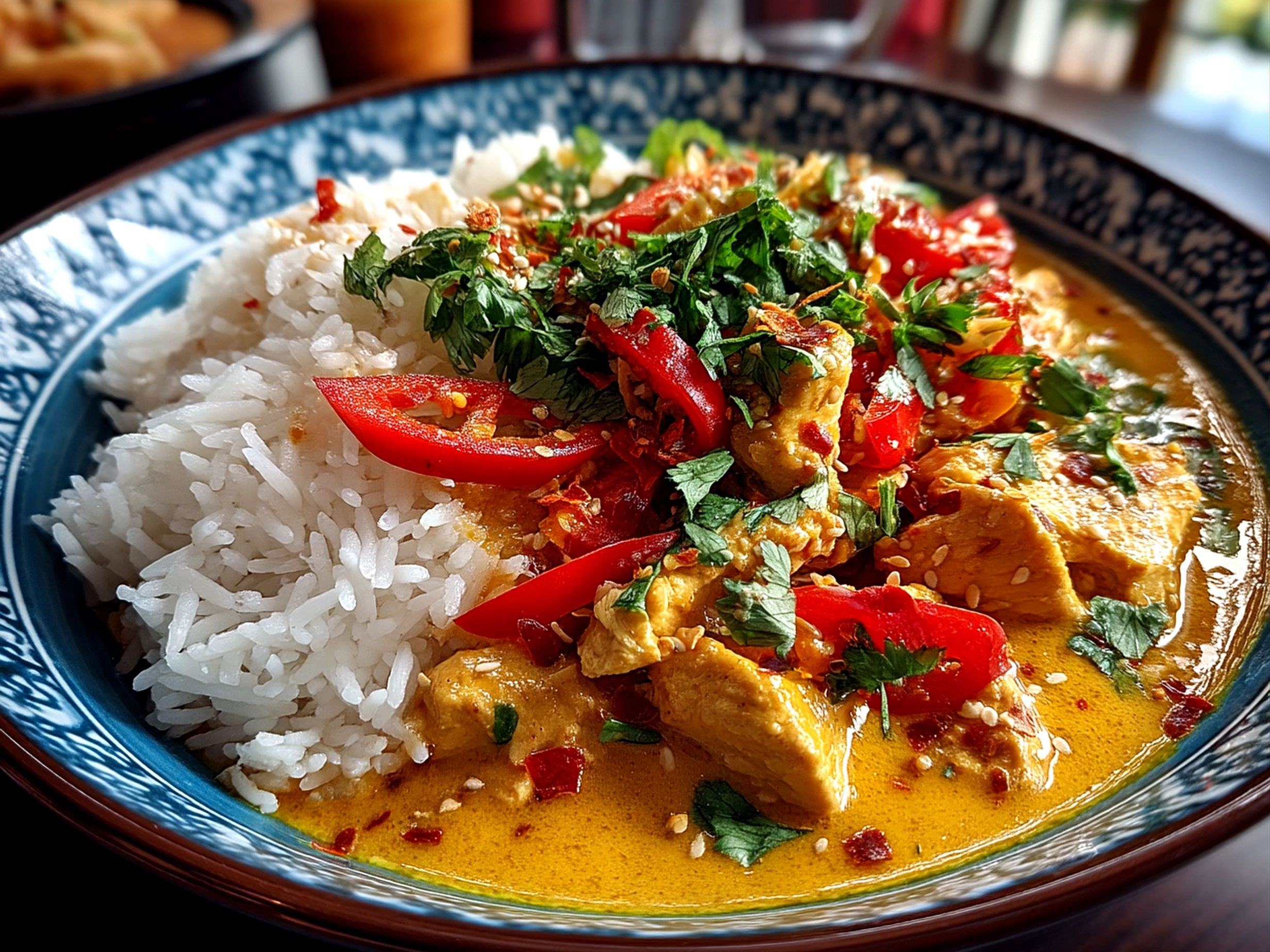 Finished Thai peanut curry with glossy surface shine on a plate